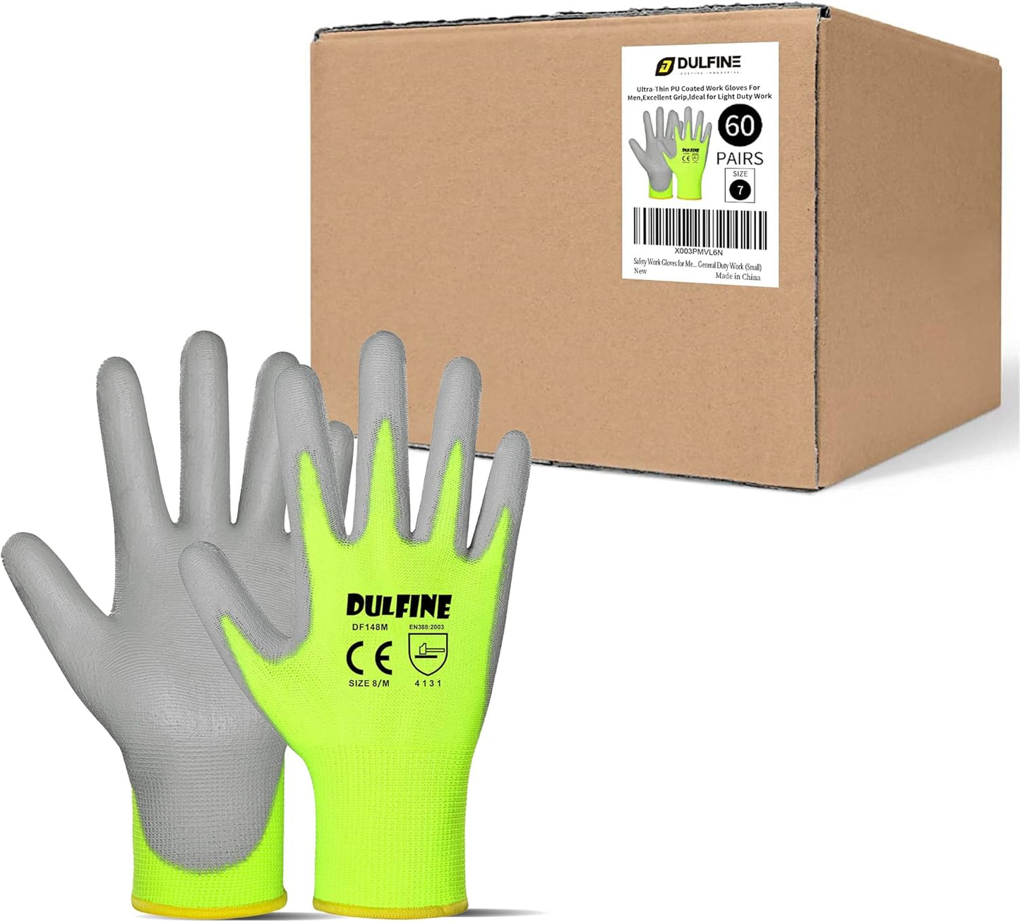 DULFINE Safety Work Gloves for Men PU Coated 60 Pairs Bulk Pack,Hi-Vis Yellow Seamless Knit Glove with thin Polyurethane Coated Smooth Grip on Palm & Fingers,Ideal for General Duty Work (Large)