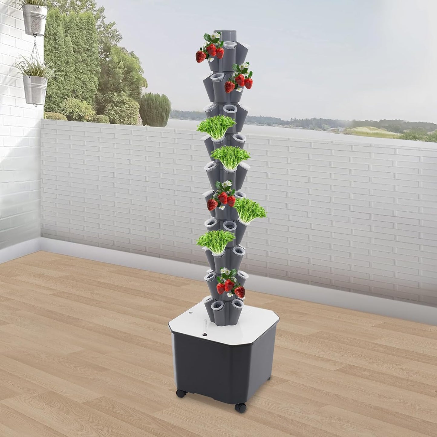 Eapmic Hydroponics Growing System Tower Garden, 10-Tier 50-Hole Vertical Planter with 45L Water Tank & Auto Watering, Indoor/Outdoor Hydroponic Garden Kit w/Wheels (Grey)