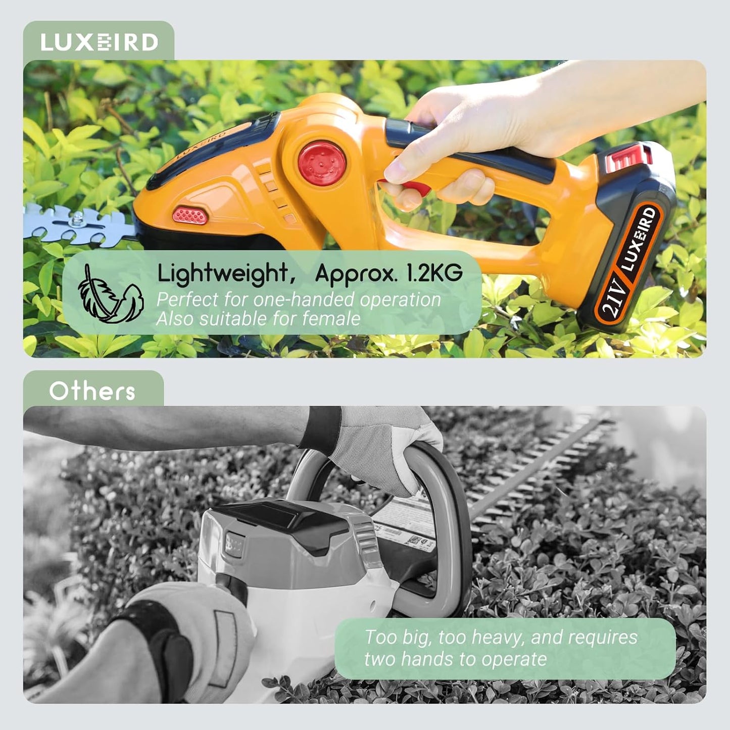 LUXBIRD 2-in-1 Mini Hedge Trimmer Cordless,Light Handheld Grass Trimmer, Electric Shrub Trimmer with 2Pcs Rechargeable Batteries (Yellow)