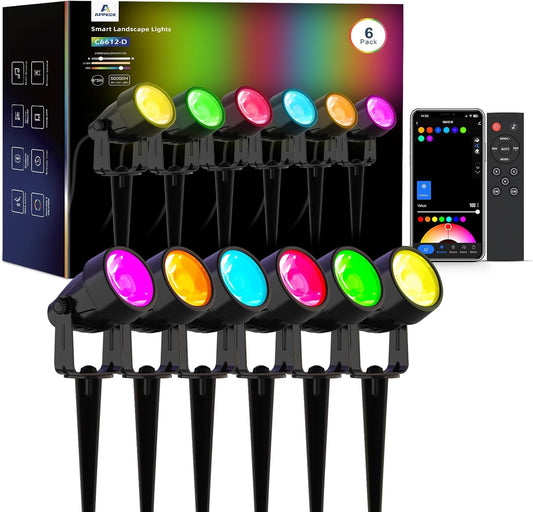 Spot Lights Outdoor, RGBW Low Voltage Landscape Lighting, Color Changing Uplighting Spotlights with App, IP65 Waterproof LED Outdoor Lights for Garden Yard Outside Decoration, 6 Pack
