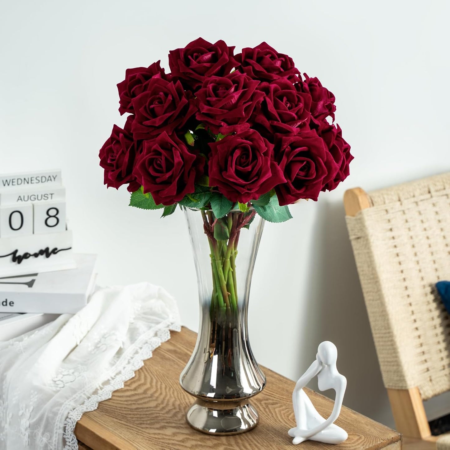 Fake Roses Faux Flowers Silk Roses Artificial Roses with Stems 16.5In Realistic Artificial Flowers Suitable for Indoor Home Decoration Diy Bouquet Wedding Decor Party Decor 12PCS(Black red)