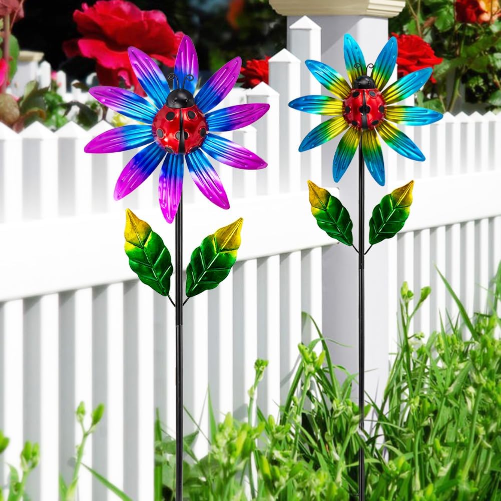 2 Pack Wind Spinner Outdoor,Waterproof Metal Windmill with Ladybug,Pinwheels for Yard and Garden, Flower Wind Sculpture & Spinner for Patio Lawn Decor