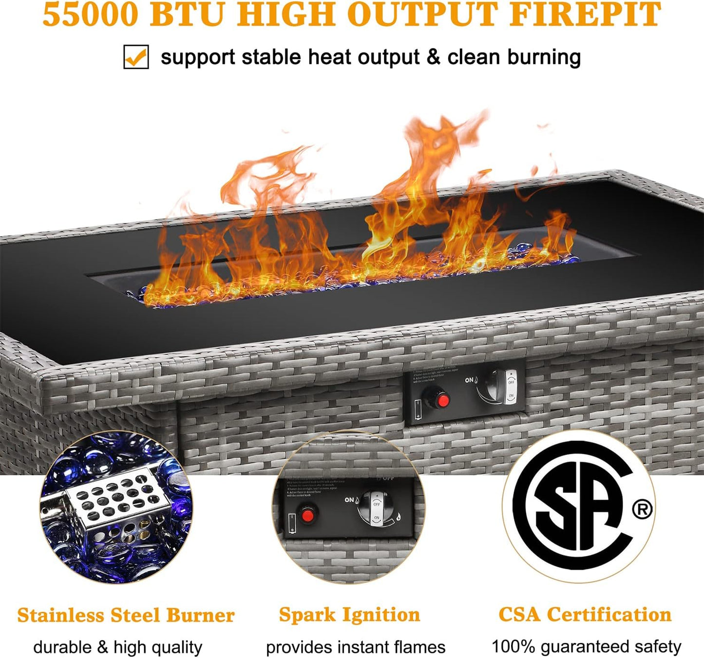 LayinSun 44" Propane Gas Fire Pit Table, 55000 BTU Rectangular Fire Pit with Glass Wind Guard for Outside Patio Deck Garden Backyard