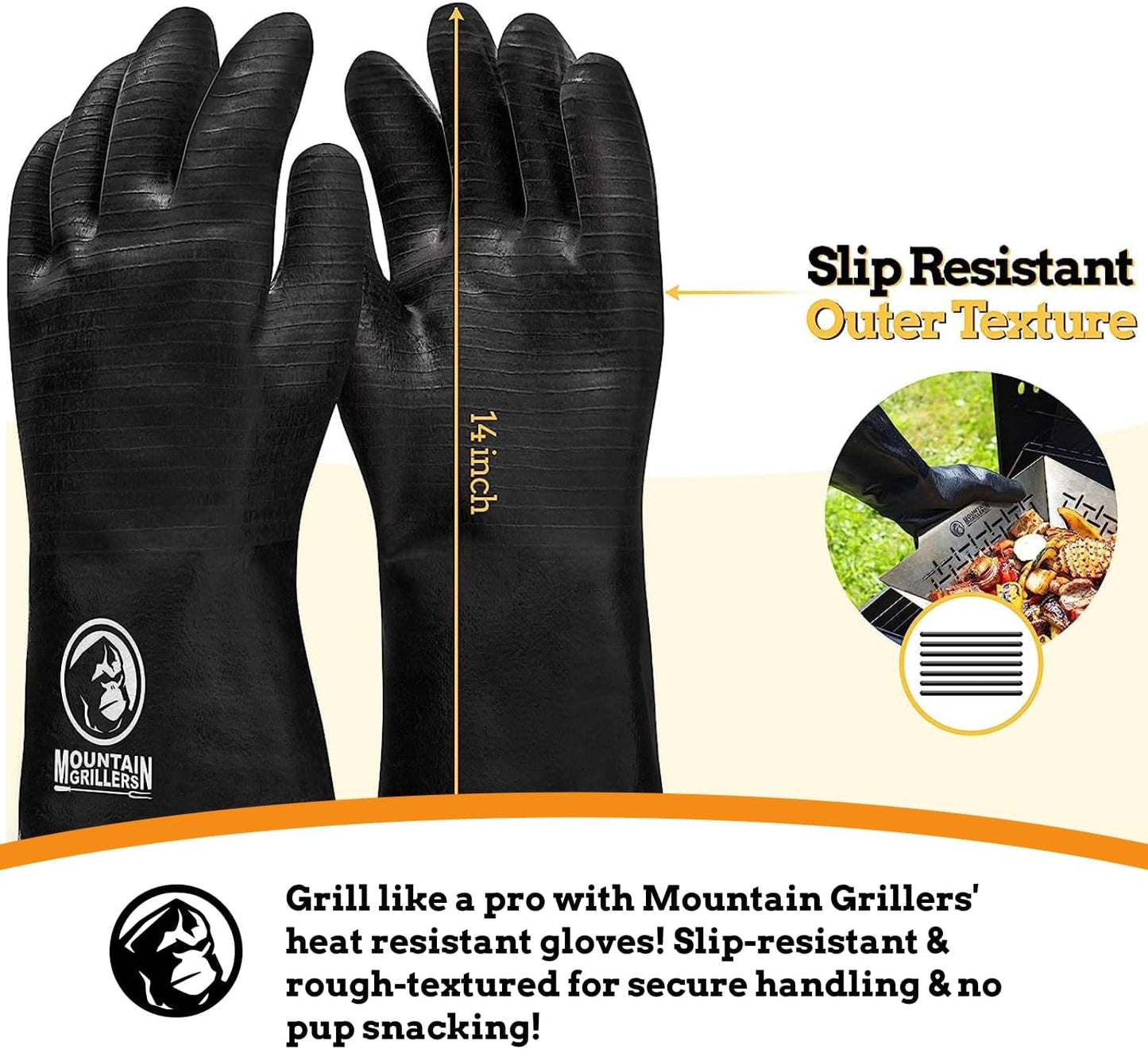 Mountain Grillers Extreme Heat Resistant Gloves for Grill BBQ High Temperature Fire Pit Gloves Barbecue Cooking, Smoker, Oven, Fryer, Grilling Waterproof, Fireproof Oil Resistant Neoprene Coating 14in