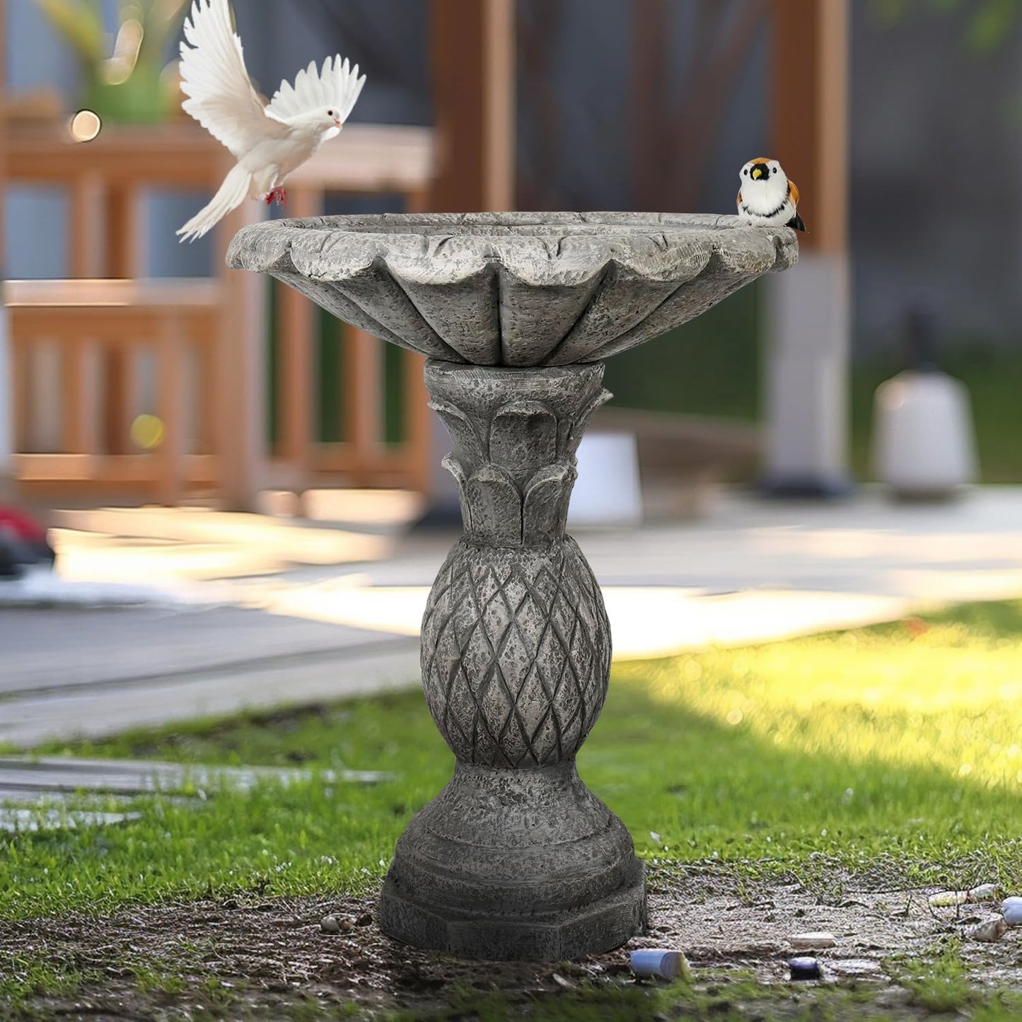 SunJet 24.8 Inch Heigh Concrete Bird Bath with Pineapple Texture – birdbath Sturdy & Elegant Design, Vintage Freestanding Style, Attracts Birds and Enhances Garden, Patio, Yard, Lawn Décor