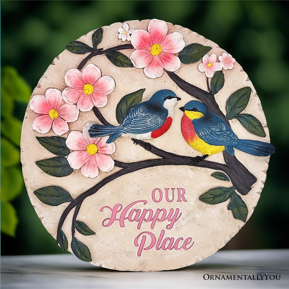 Elegant Resin Stepping Stone, Outdoor Garden Pathway Decoration (Blossoming Songbirds Positivity Stepping Stone, 9.5" Happiness Garden Decoration and Support Gift)
