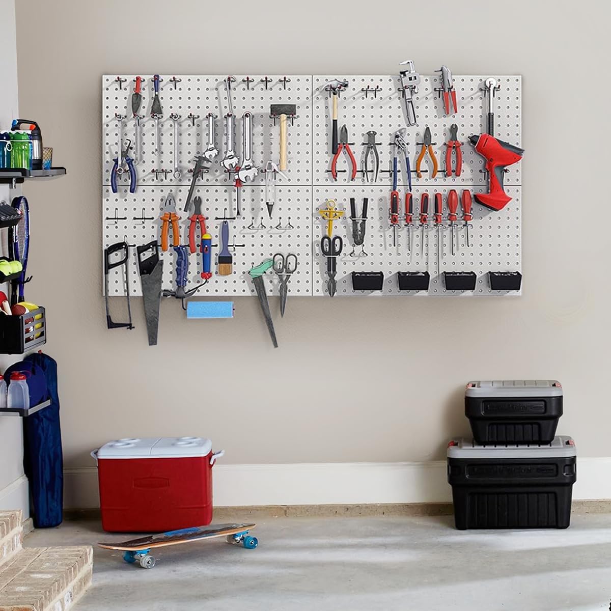 48x24 inch Gray Metal Pegboard Kit for Wall Organization with Hooks, Pegboard Bins, and Utility Tools Storage Board, Efficient Tool Organizer Peg Board