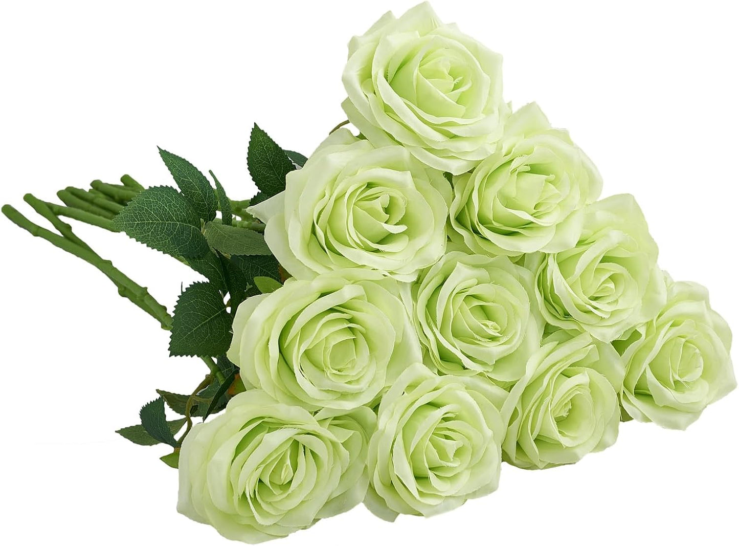Artificial Rose 10pcs Open Flower Bouquet Faux Rose Stems for Wedding Arrangement, Bridal Bouquet, Centerpiece, Fake Faux Silk Flowers (Pale Green)