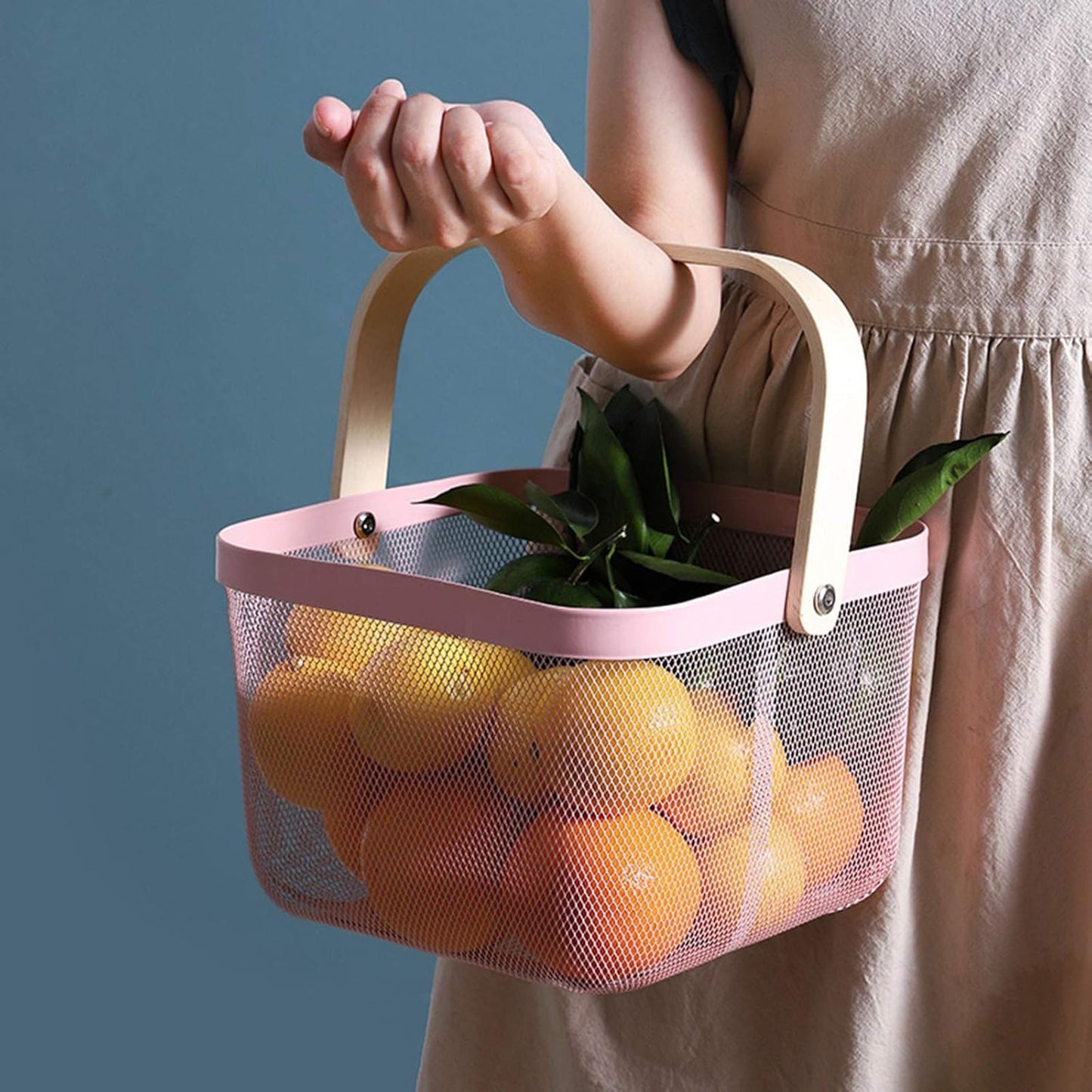 Metal Mesh Steel Basket, Storage Organizer Basket Multi-functional Hanging Kitchen Baskets Fruit Basket Bin with Bamboo Handle for Kitchen Bathroom Picnic Shopping Decor Cabinet Home, Pink