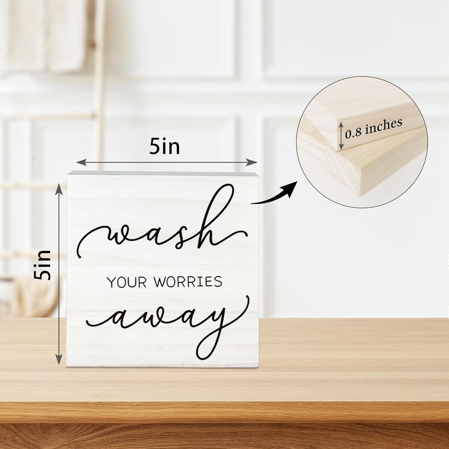Funny White Wooden Sign-Wash Your Worries Away Block Plaque Desk Decoration-5x5 inches Inspirational Wood Block Gifts For Friends Family-Laundry Room Restroom Bathroom Tabletop Favors & Supplies-A09
