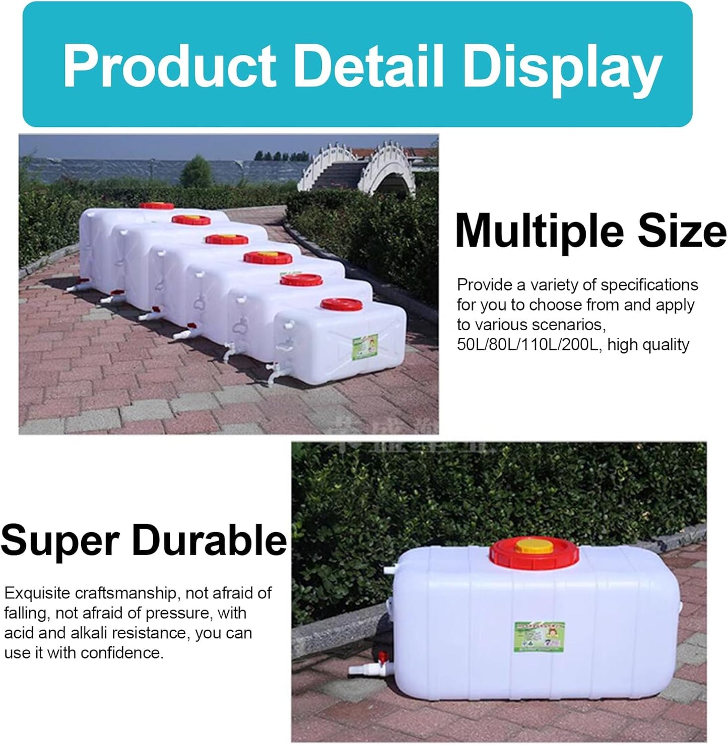 Water Container 50L 80L 110L 200L Heavy Duty Water Bucket Water Carrier, Portable Plastic Water Tank Water Storage for Camping Caravans Hiking Travel BBQ Travel Outdoor(Size:200L)