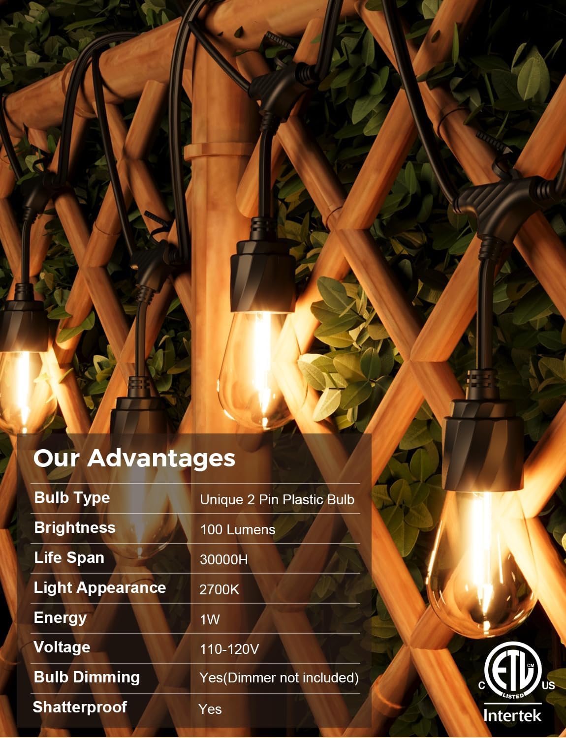 XMCOSY+ 48FT Outdoor String Lights Waterproof - LED Patio Hanging Lights for Outside Porch Backyard Gazebo Garden, Commercial Grade 16 Edison Bulbs