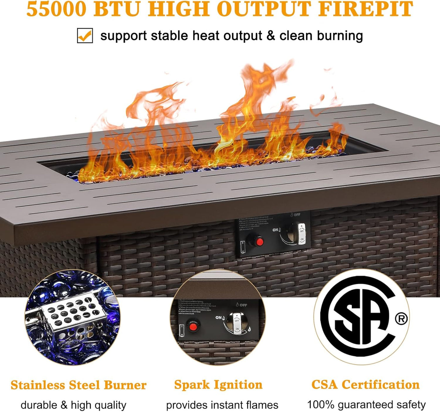 LayinSun 44" Propane Gas Fire Pit Table, 55000 BTU Rectangular Fire Pit with Glass Wind Guard for Outside Patio Deck Garden Backyard Brown-Aluminum Top