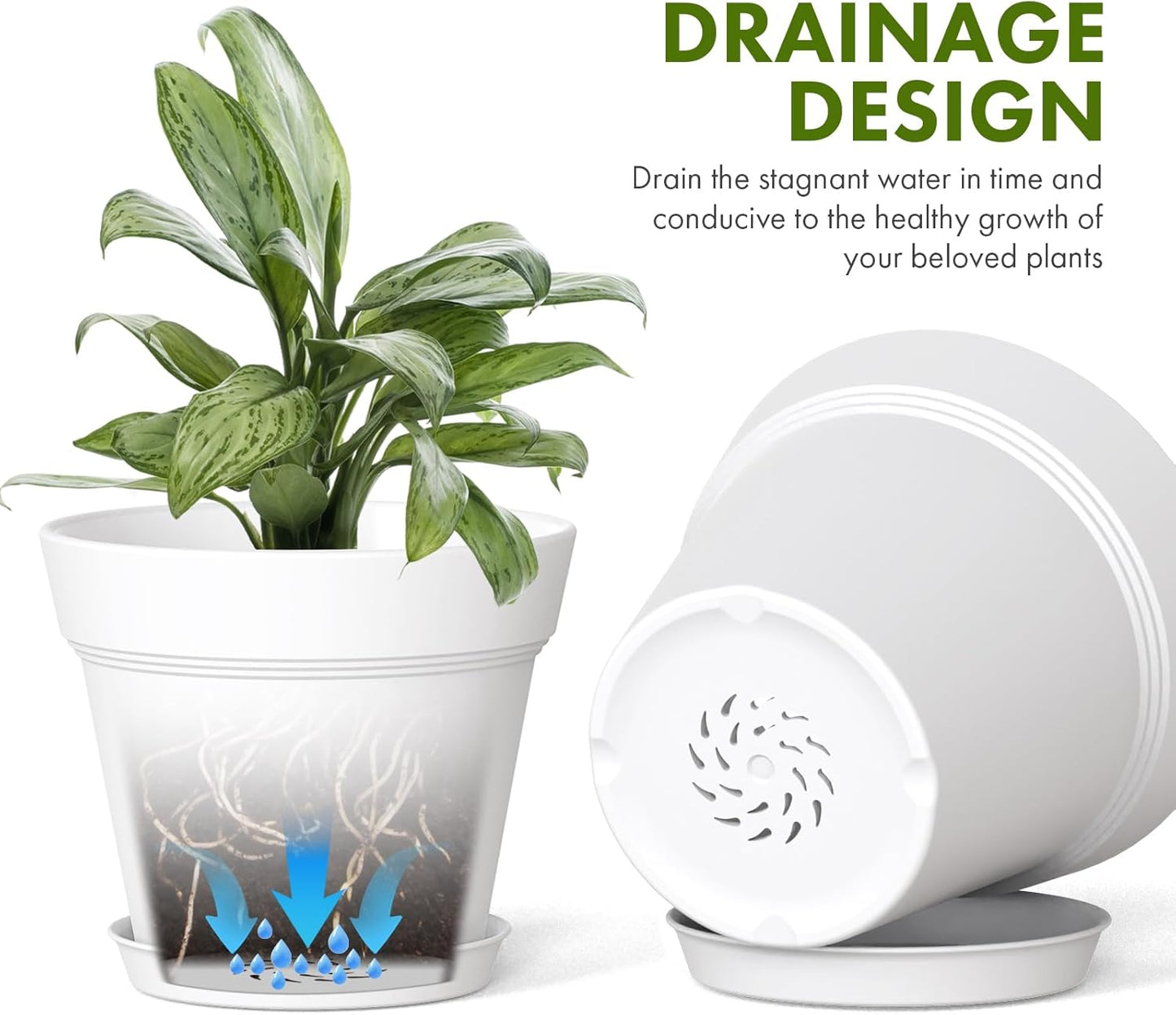 5 Inch Plastic Plant Pots with Drainage Holes and Trays – 6 Pack Small Nursery Pots for Indoor & Outdoor House Plants and Flowers, Seedling Starter Planters, White