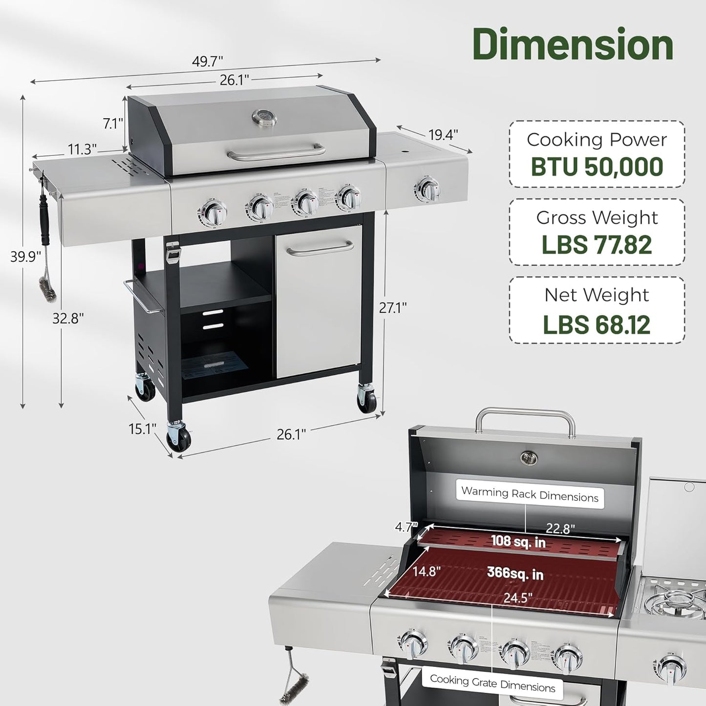 4-Burner Propane Gas Grill with Side Burner & Cabinet, 50,000 BTU Outdoor BBQ Grill with Porcelain-Enameled Cast Iron Grates, Stainless Steel Barbecue Grill for Outdoor Cooking (Silver)