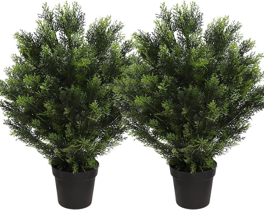 momoplant 31 Inch Tall Artificial Cedar Topiary Tree Set of 2 Faux Cypress Evergreen Potted Plants for Outdoor & Indoor Decor