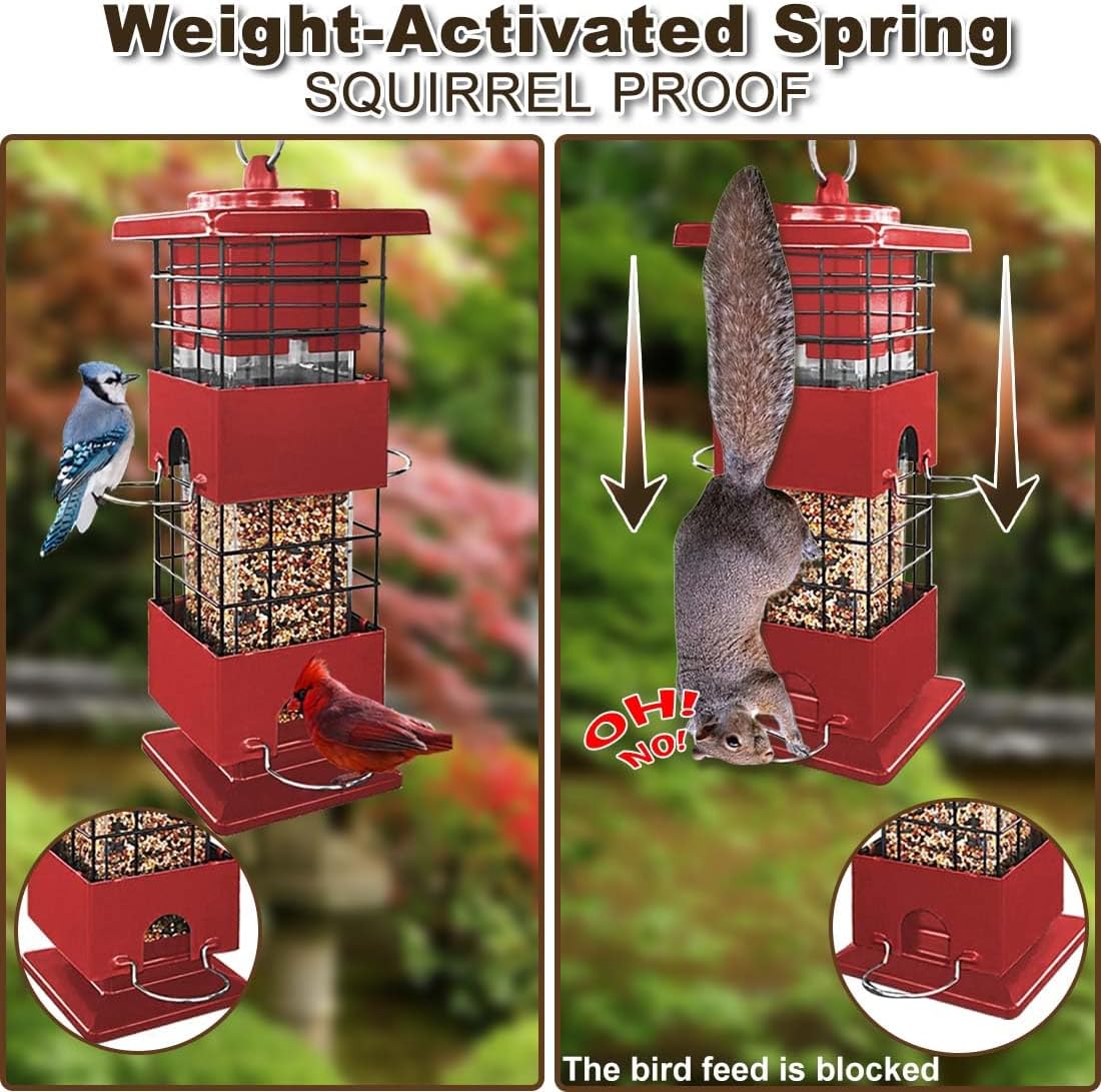 Squirrel Proof Bird Feeder, 3LBS Large Capacity Hanging Bird Feeders for Outdoors, Weight-Activated Perches Metal Anti-Squirrel Birdfeeder for Blue Jay, Cardinal, Outside (Red)