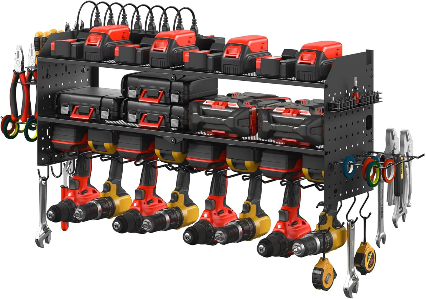 JUNNUJ Large Pegboard Power Tool Organizer with Charging Station, 8 Drills Driver and Tools Battery Holder Wall Mount with 8 Outlet Power Strip, Black 3-Layer Shop Garage Storage Utility Rack