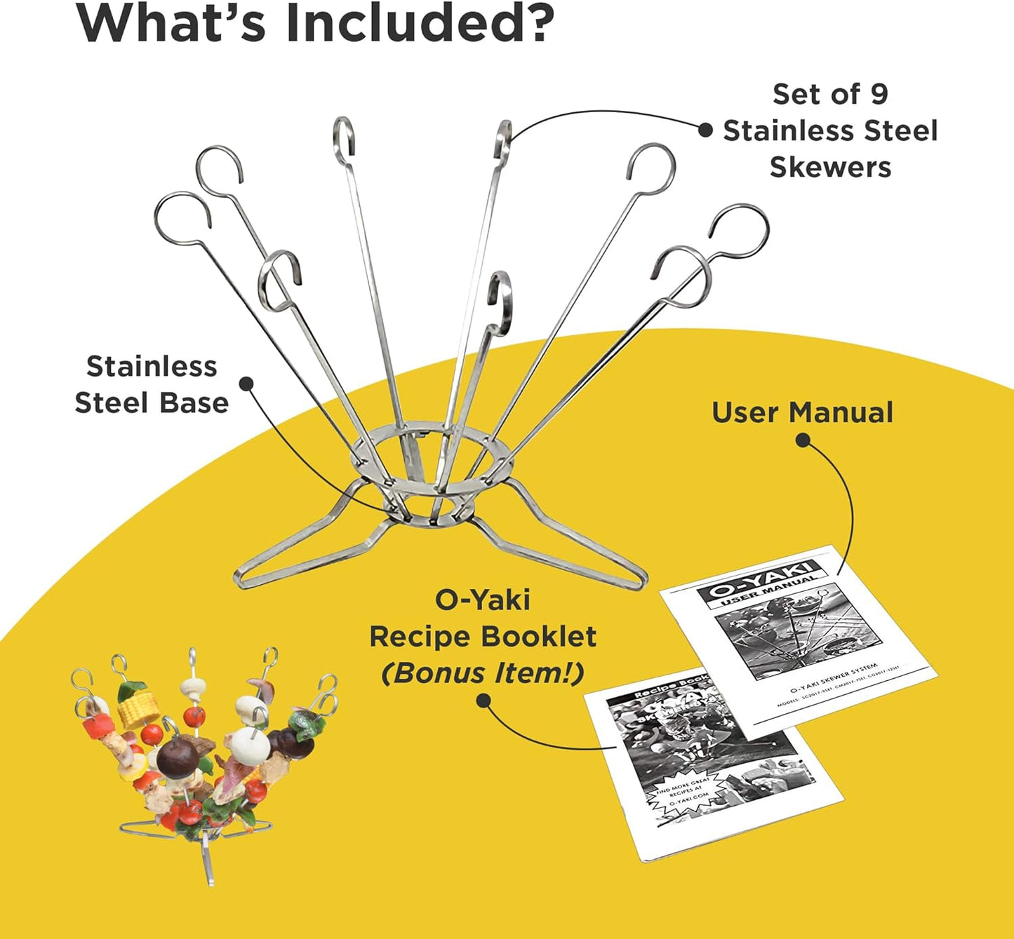 O-Yaki Flat Metal Kabob Skewer for Grilling – Set of 9 BBQ Skewers Stainless Steel with Storage Bag, Dishwasher Safe Skewers with Hook Handle & Sharp Tip for Outdoor BBQ, Cookouts & Oven Use – 9 Inch