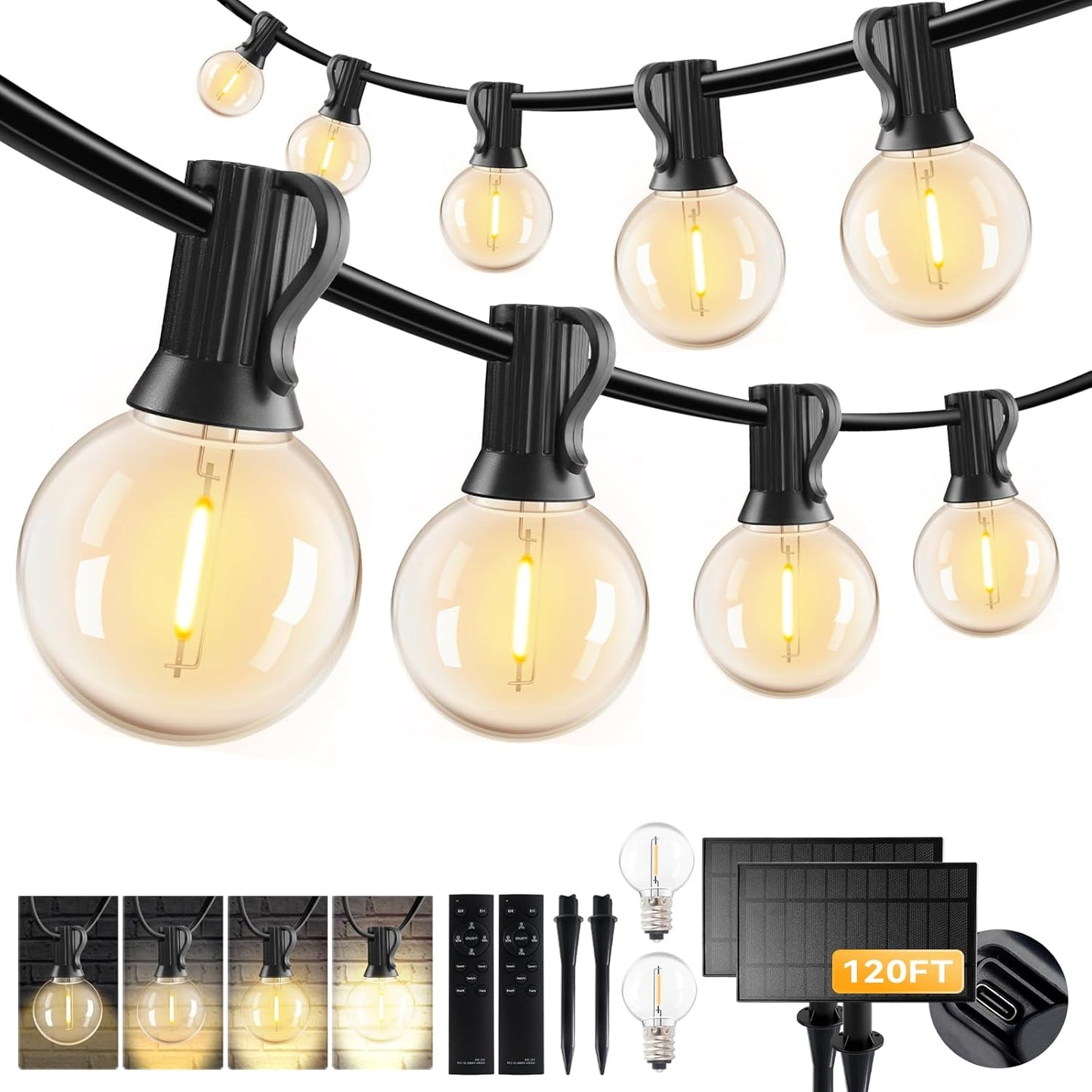 HJQ 120FT(60x2) Solar String Lights Waterproof, Patio Lights Solar Powered with Remote & USB Port, 40+2 LED Shatterproof Bulbs, 3 Modes, Dimmable Solar Lighting Hanging for Camping Backyard Garden