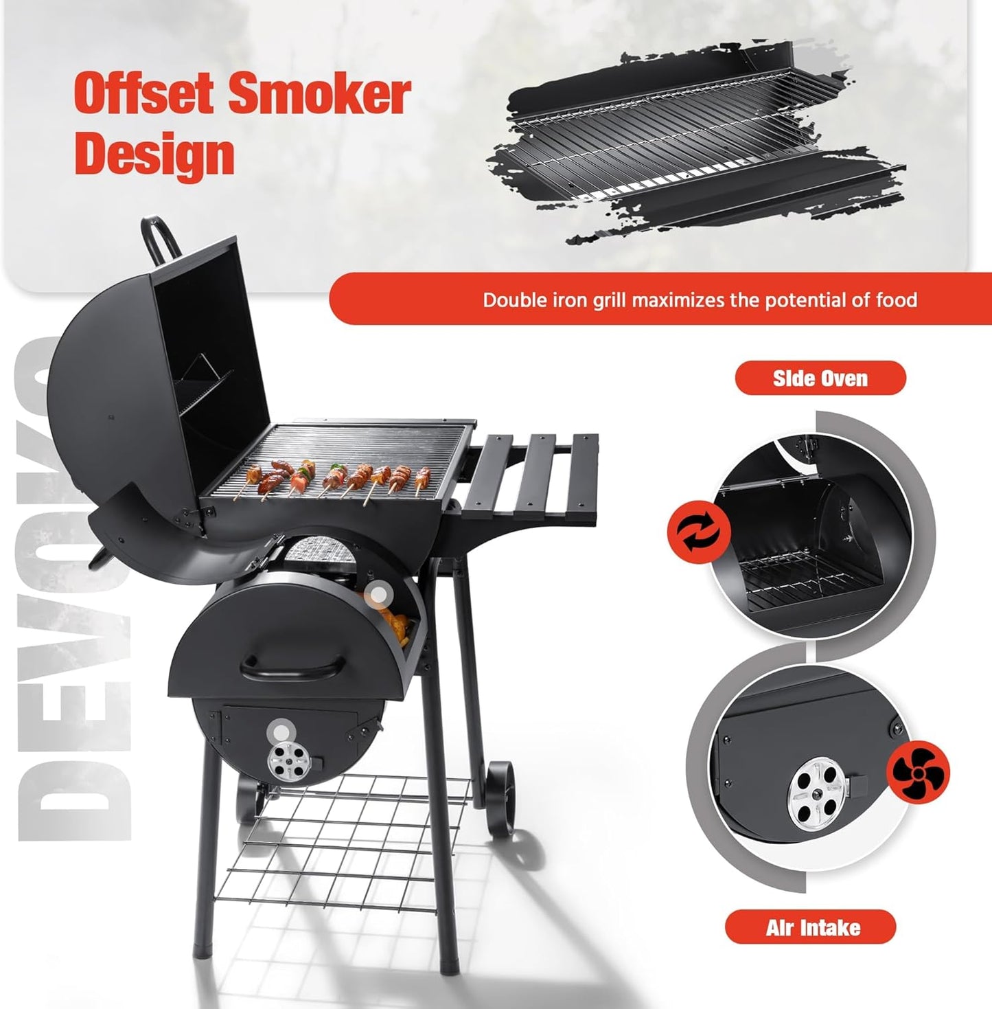 Devoko Charcoal Grill, Outdoor BBQ Grill with Offset Smoker and Side Table for Garden and Parties
