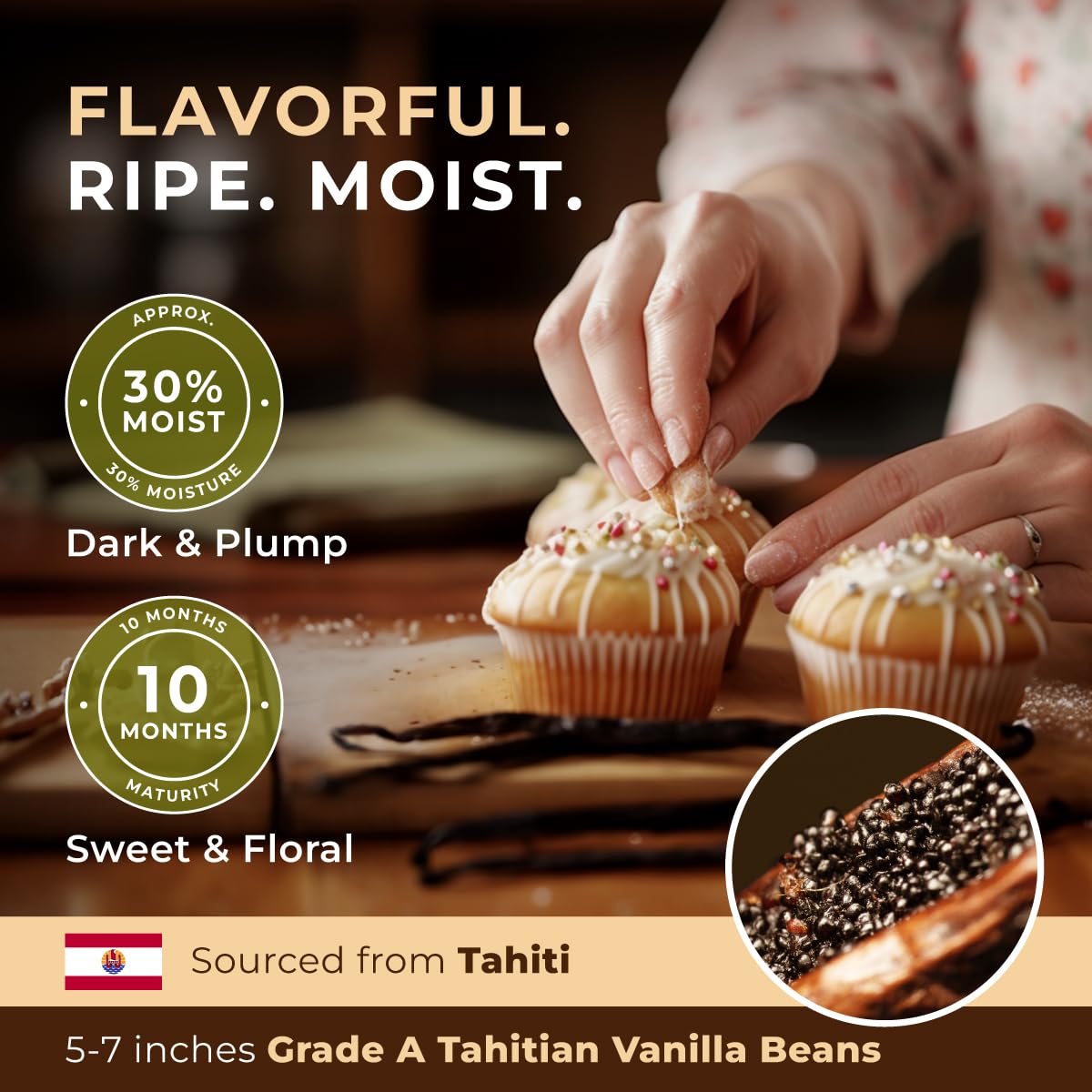 Gya Labs 10 Tahitian Vanilla Beans for Making Vanilla Extract, Baking - Grade A - 5-7 Inches (12 to 15 CM) long, Caviar Rich, Flavorful Fresh Pods