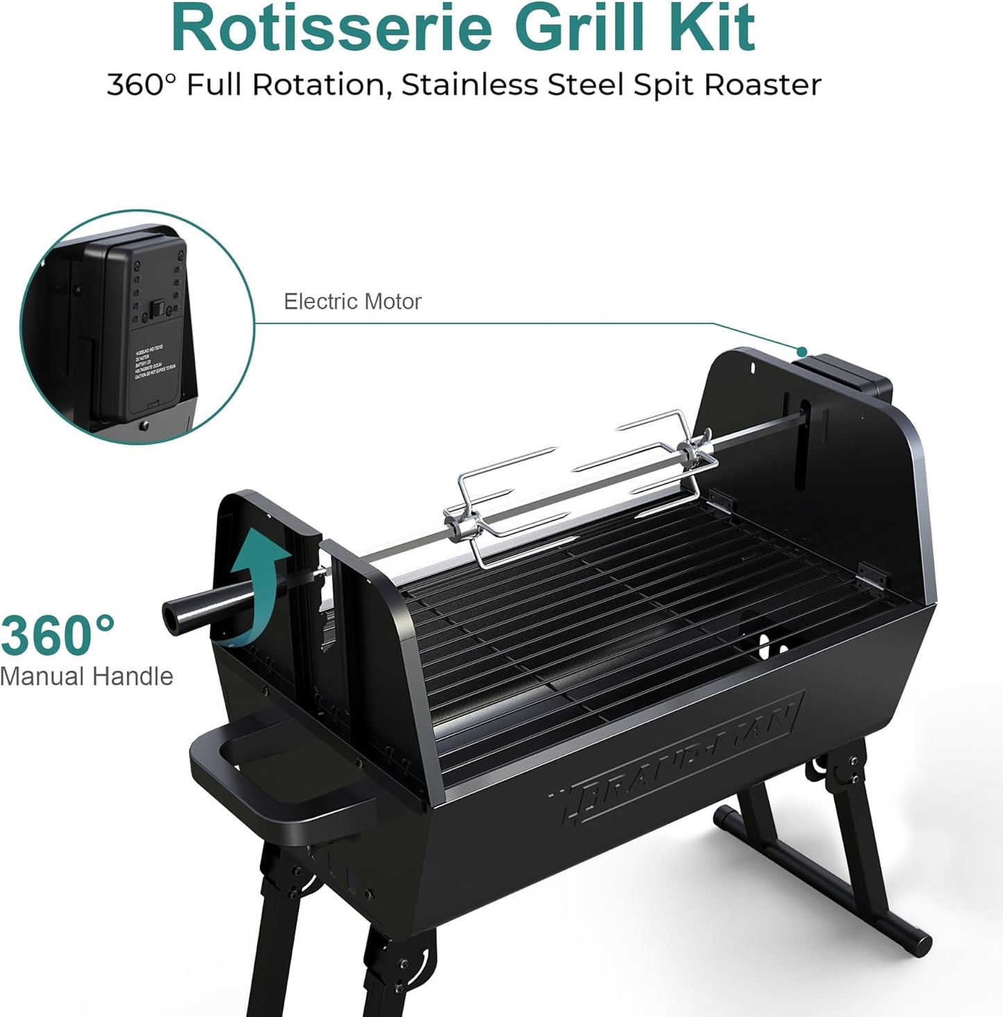 Brand‑Man 2‑in‑1 Charcoal BBQ Grill with Motorized Rotisserie – Portable, Foldable Grill, 257 sq in Outdoor BBQ Grill for Camping & Tailgate, Adjustable Height, Dual Vents