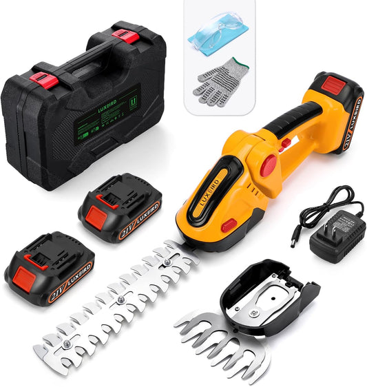 LUXBIRD 2-in-1 Mini Hedge Trimmer Cordless,Light Handheld Grass Trimmer, Electric Shrub Trimmer with 2Pcs Rechargeable Batteries and Case (Yellow)