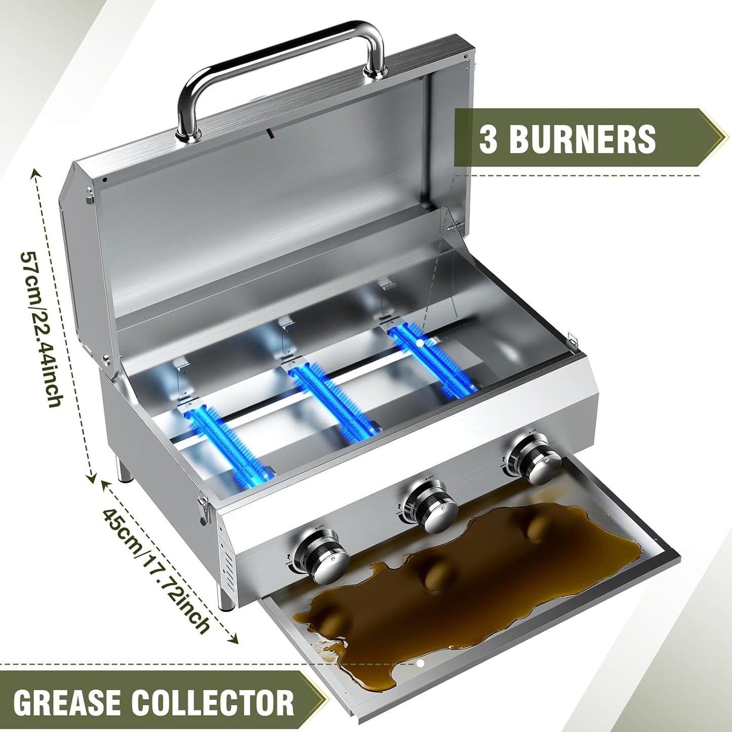 Bestfire 3-Burner Tabletop Gas Grill, 30,000 BTU Portable Propane Grill with Heavy-Duty Thickened Grates & Stainless Steel Knobs, Compact Design&Detachable Legs for Camping, RV, Backyard BBQ