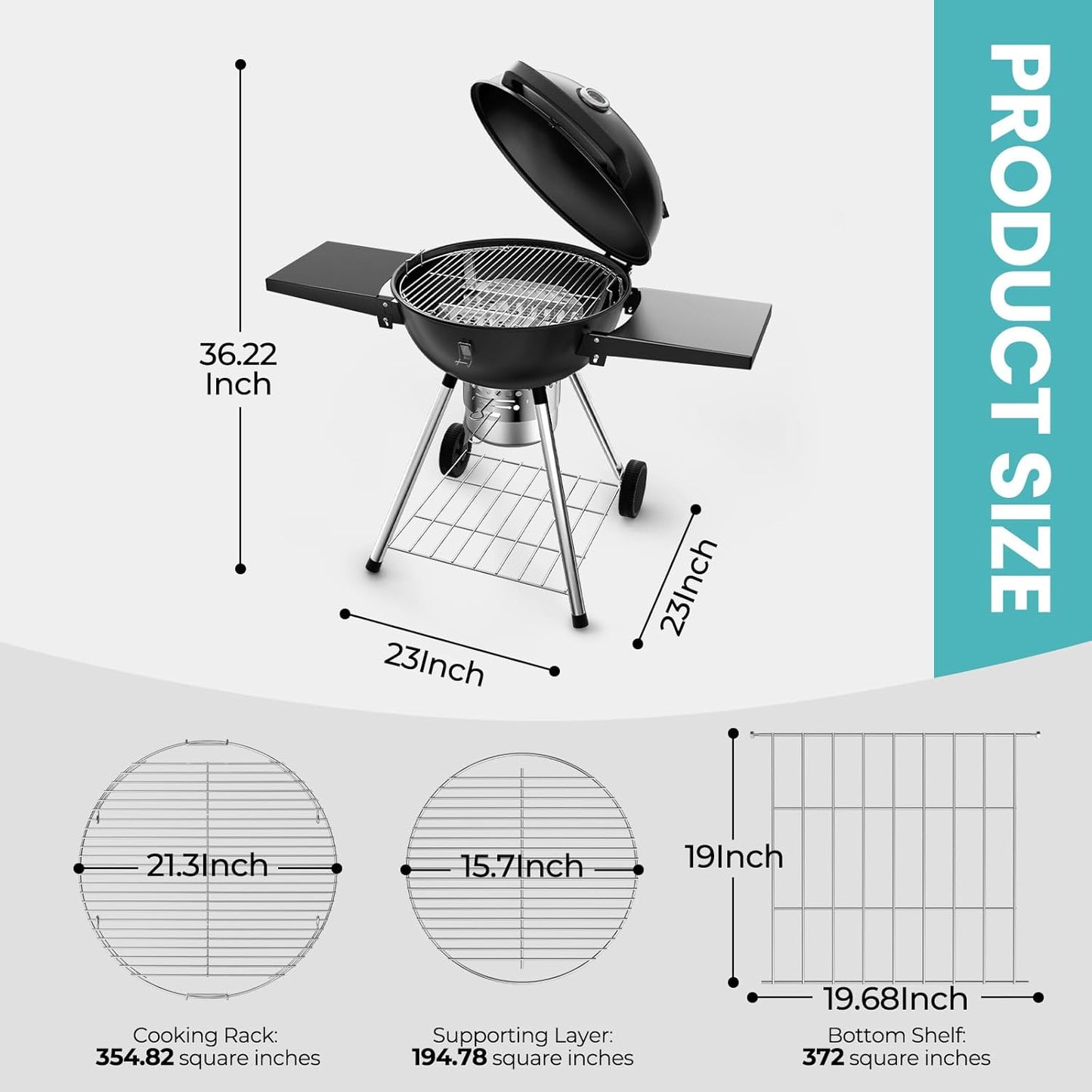 Premium 22 Inch Charcoal Grills with 2 Foldable Tables, BBQ Grill with Cover, Outdoor Barbecue Grill with Ash Catcher, Portable Charcoal Kettle Grills with Wheels for Camping Party Backyard
