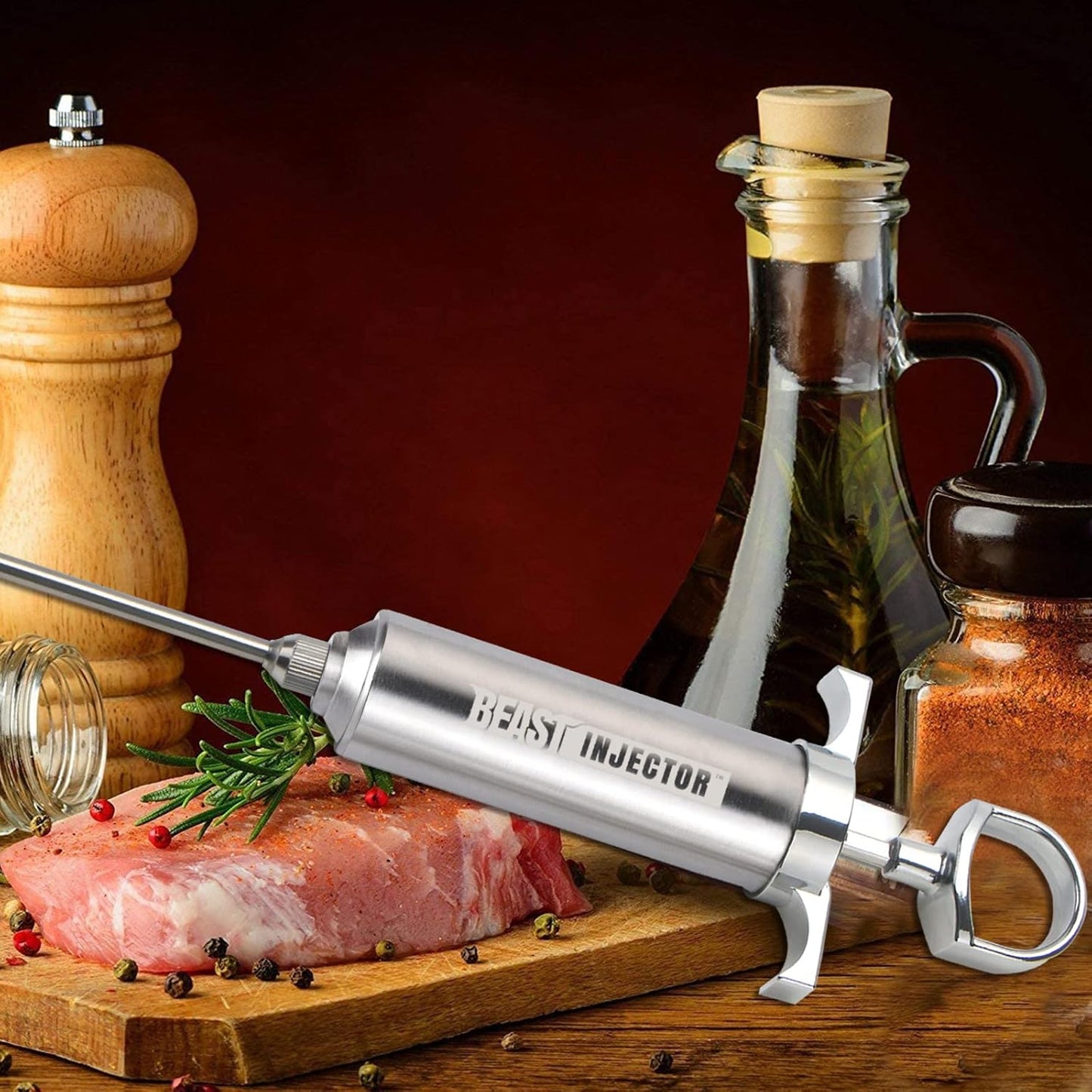 Grill Beast - 304 Stainless Steel Meat Injector Kit with 2-oz Large Capacity Barrel and 3 Professional Marinade Needles