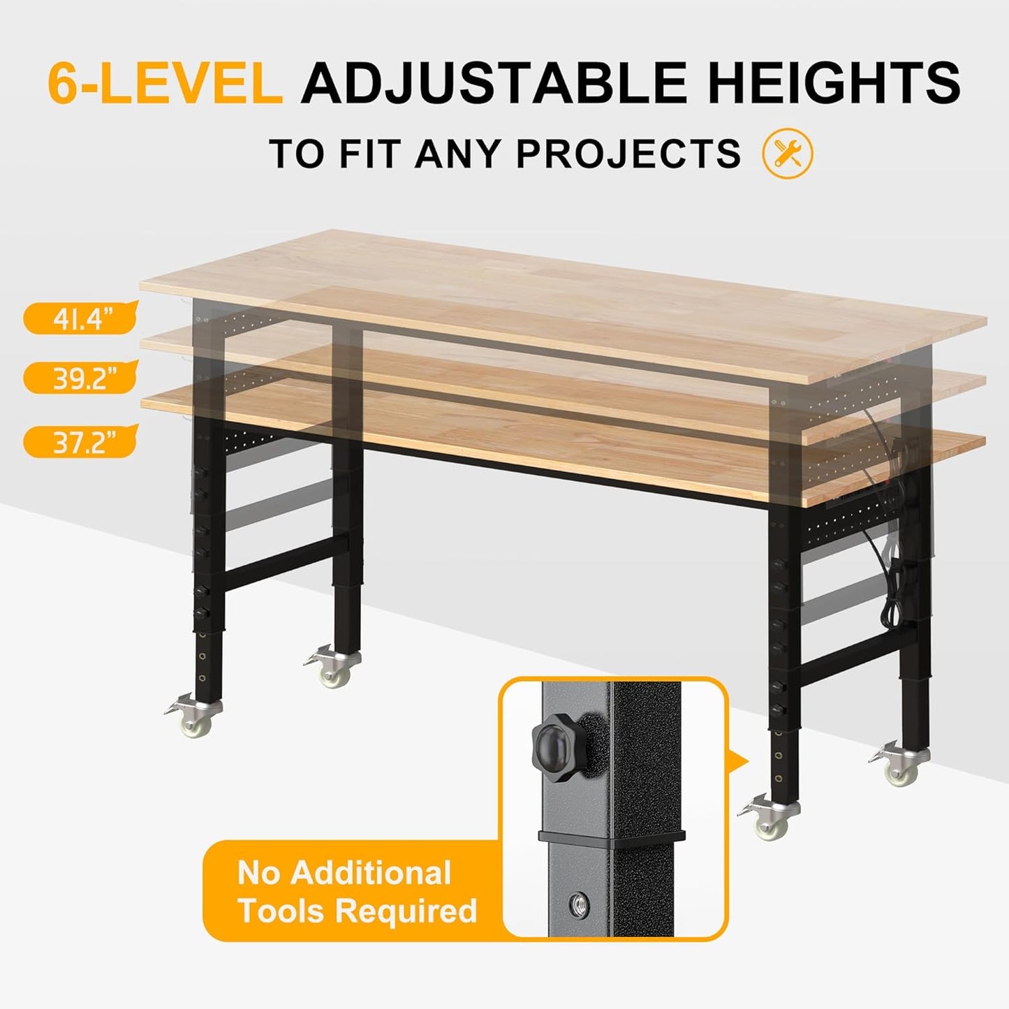 70’’ Work Bench Adjustable Workbench Heavy Duty Work Table with Power outlets, Pegboard, Wheels and Foot Pads, 2000 Lbs Capacity Hardwood Work Benches for Garage, Workshop, Office, Home