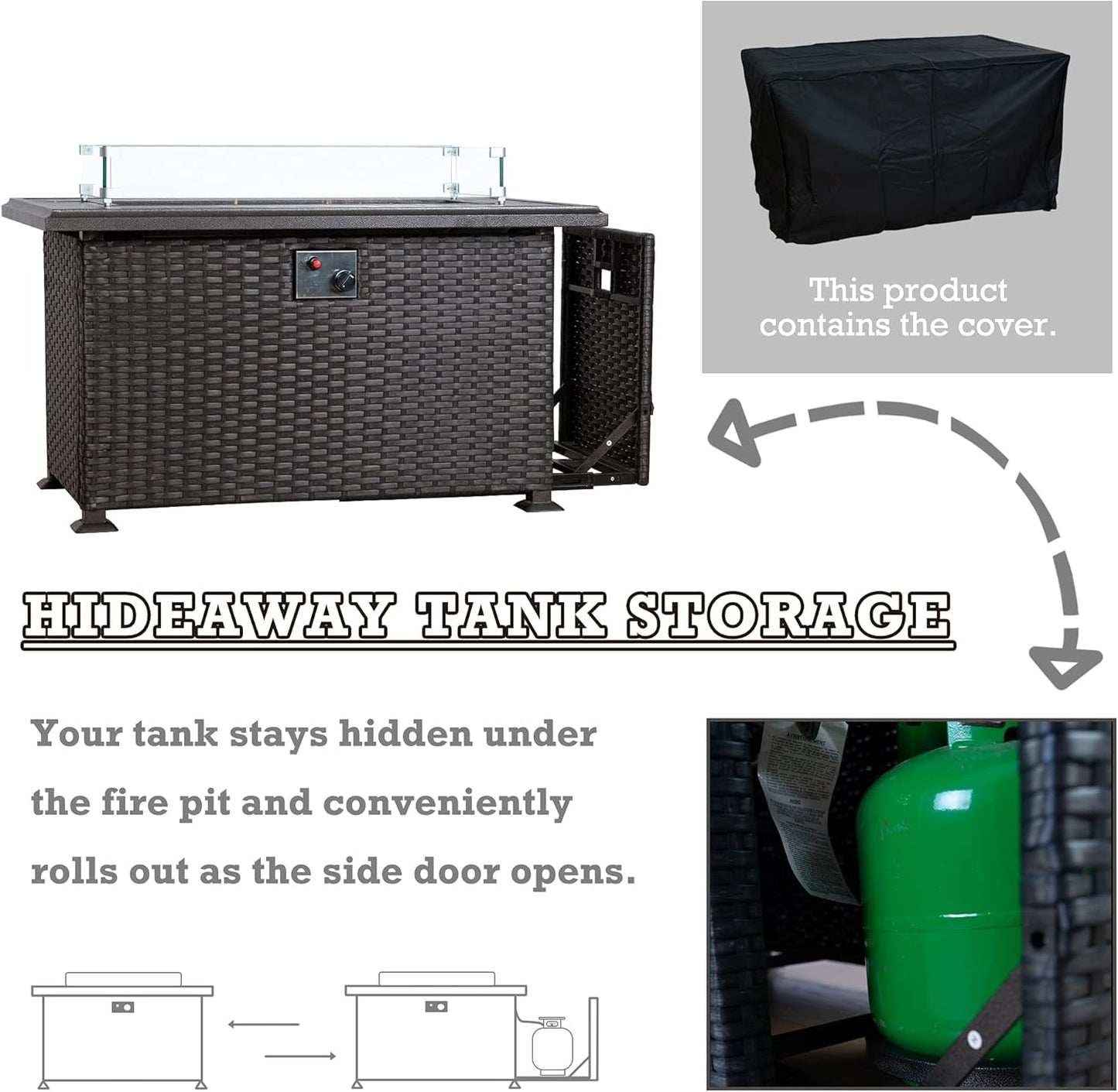 Kozyard Outdoor Patio Propane Gas Fire Pit Table - 50,000 BTU Wicker Design with Aluminum Tabletop, Glass Wind Guard, Clear Glass Rocks Slide Out Tank Holder - Ideal Patio Fire Table (Brown)