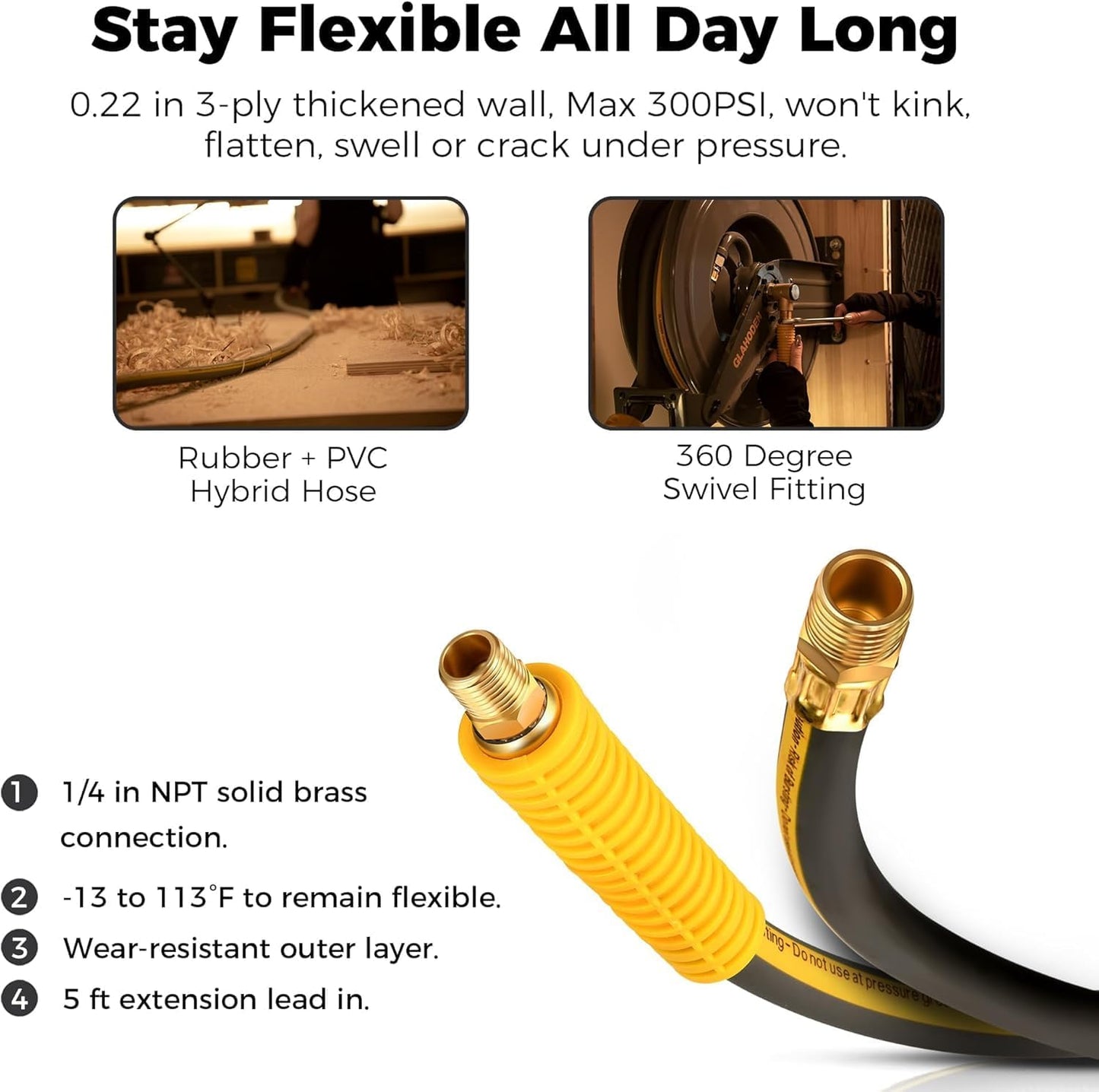 Double Arm Retractable Air Hose Reel, 3/8 in × 65 ft Hybrid Hose Heavy Duty Steel Professional Air Compressor Hose Reel with 5 ft Lead in Max 300PSI Auto Rewind Quick Coupler Swivel Fitting