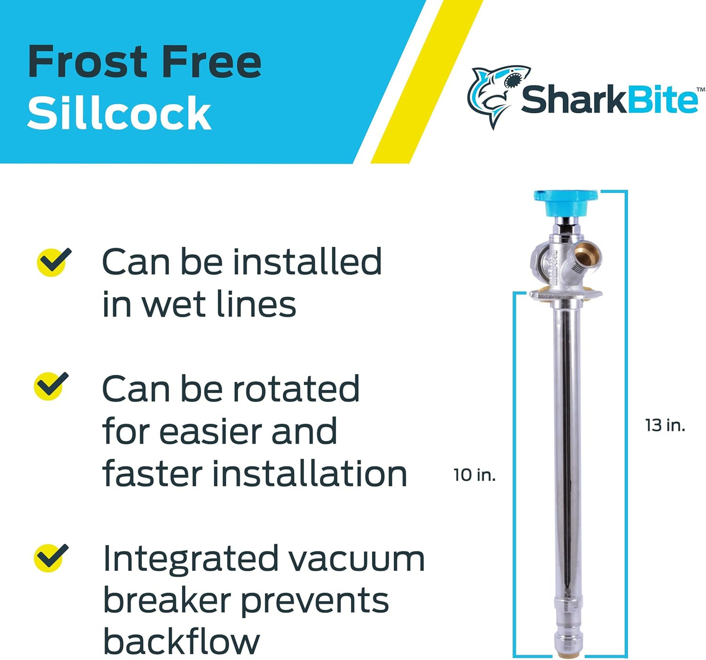 SharkBite 10 Inch Frost Free Sillcock, 1/2 x 3/4 Inch MHT, Push to Connect Brass Plumbing Fitting, PEX Pipe, Copper, CPVC, PE-RT, HDPE, 24629LF