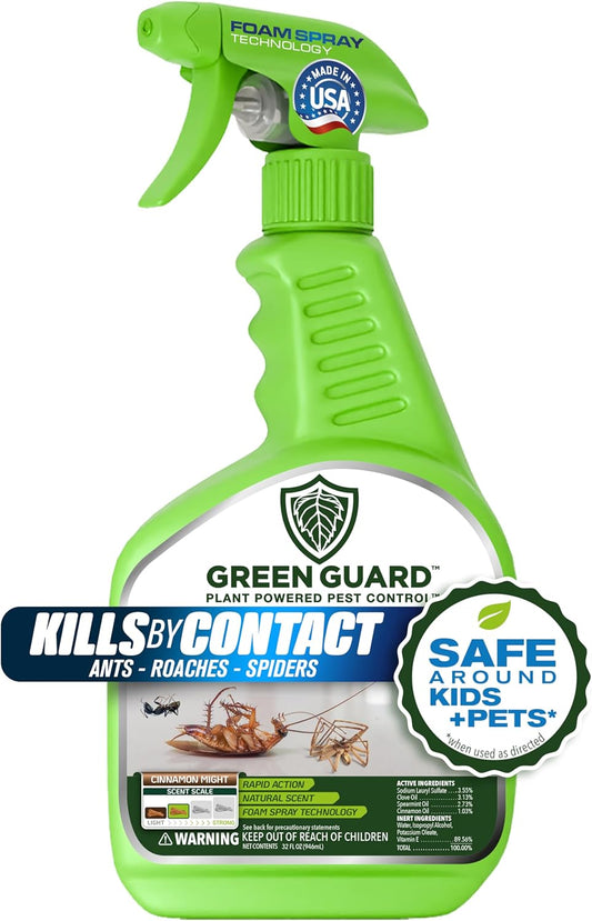 Green Guard Pest Control Spray - Indoor & Outdoor Killer of Ants, Roaches, Spiders & Other Crawling Insects, Safe Around Children & Pets, Plant-Based, Pleasant Scent (Cinnamon Might, 32oz)