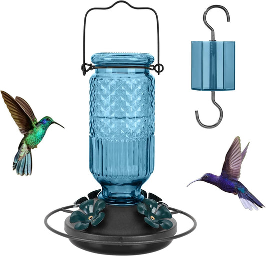 FEED GARDEN Glass Hummingbird Feeder for Outdoors Hanging, 16 OZ Humming Birds Feeders with 4 Bee Guard Feeding Ports & Built-in Ant Moat, Hummingbird Gifts for Mom, Bird Feeder for Outside, Blue