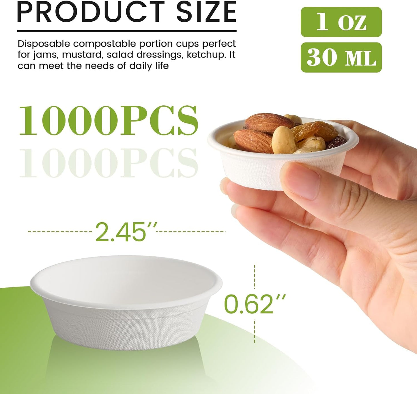ECOLipak 1 oz Compostable Condiment Cups, 1000 Pack Biodegradable Bagasse Portion Cups for & Samples, Jello Shots, Tastings, Dessert, Juice, Souffle
