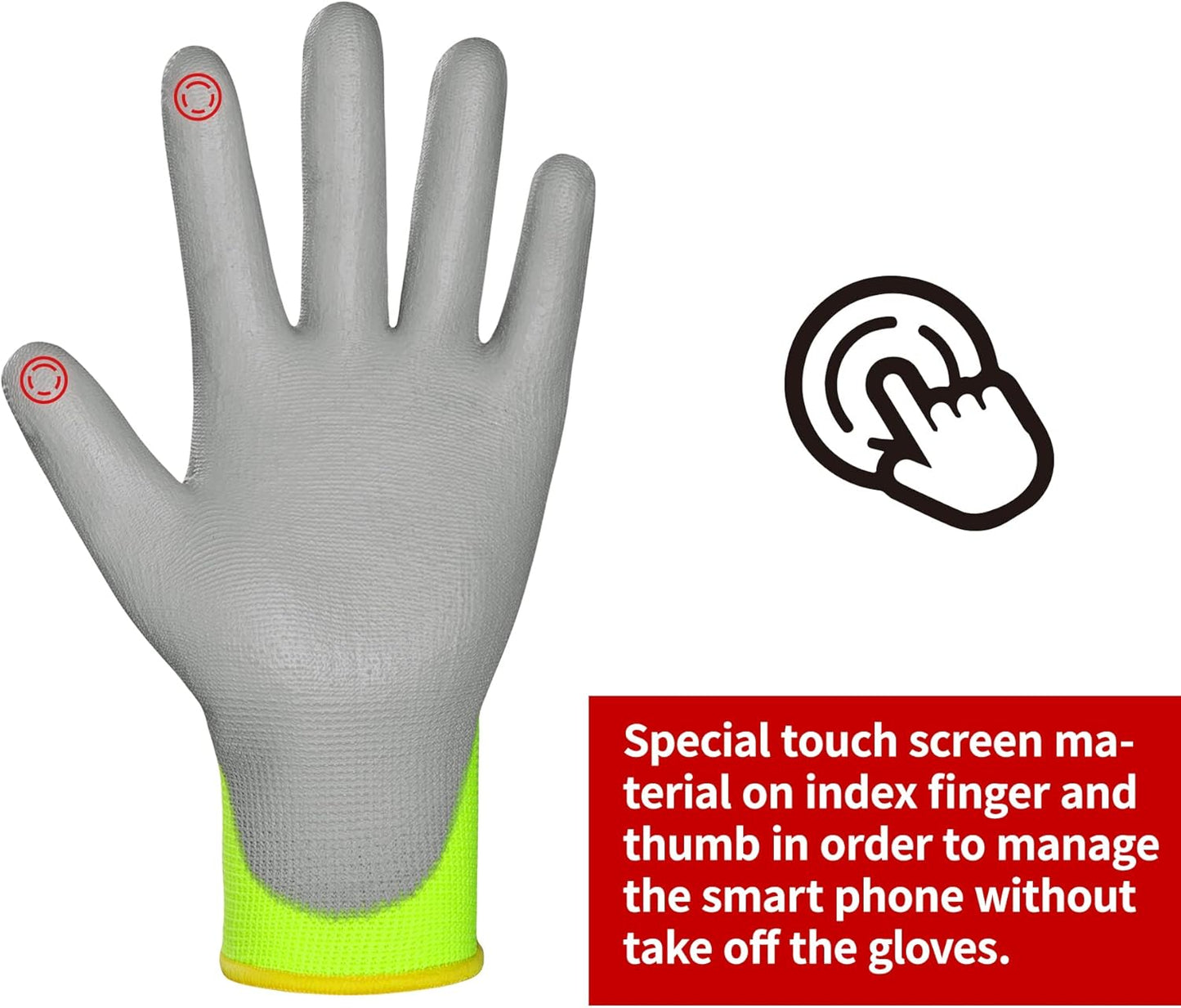 DULFINE Safety Work Gloves PU Coated for Men and Women-12 Pairs,Hi-Vis Seamless Knit Glove with Two Fingers Touchscreen,Ideal for General Duty Work (Medium)