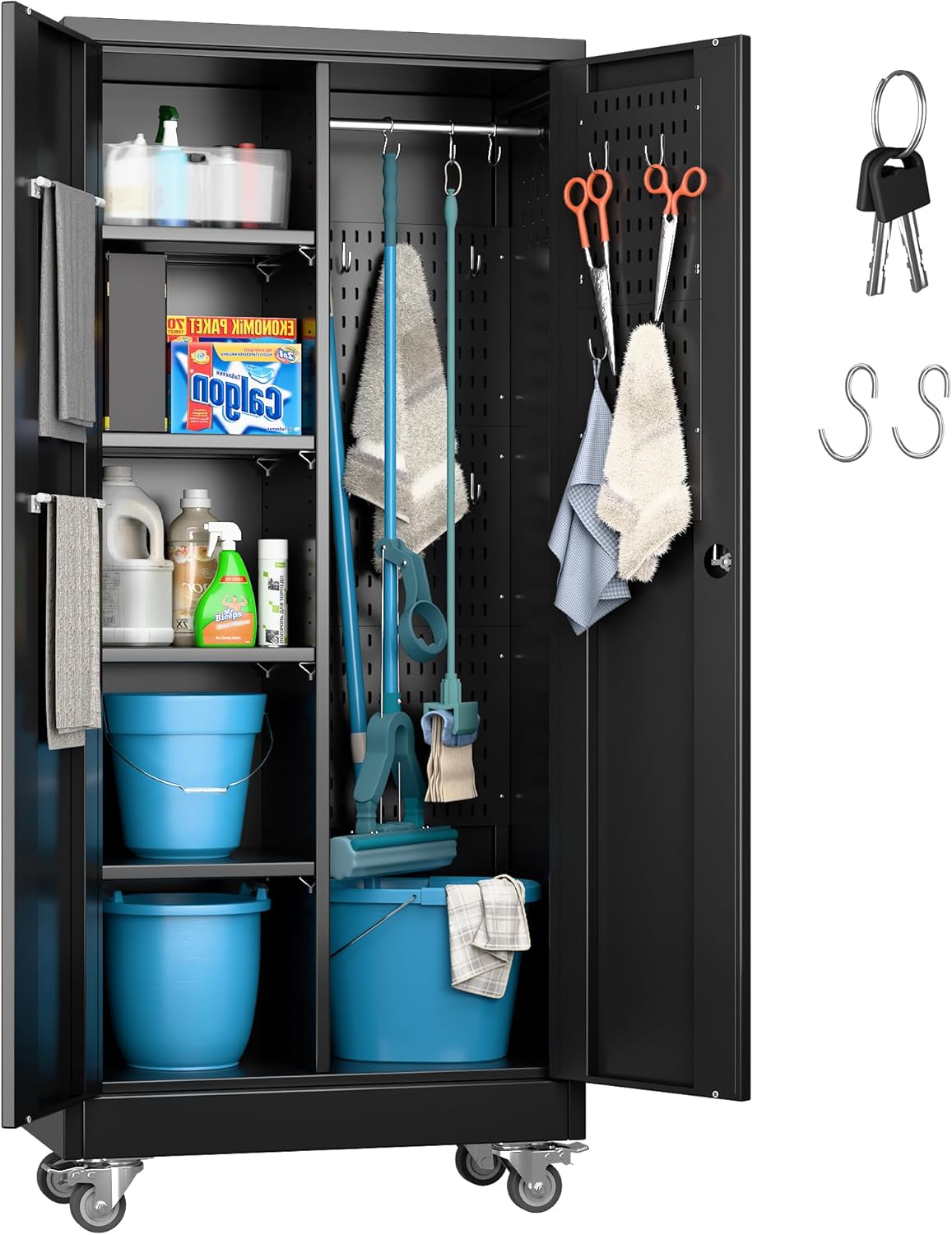 Garage Storage Cabinet with Wheels, 61.7" H Broom Closet Storage Cabinet with Hanging Rod, 5 Pegboard and 13 Hooks, Metal Cabinets with Locking Doors and 4 Shelves, Black