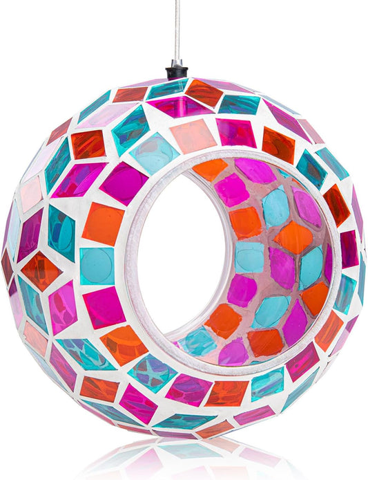 Yinns Glass Bird Feeders Outside, Hanging Mosaic Bird Feeder, Round Shape Fly Through Container Wild Birdfeeder for Garden, Backyard Decor