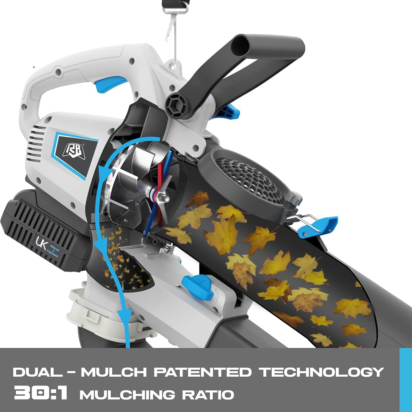 RB 40V 3-in-1 Cordless Vacuum Blower – Powerful Leaf Blower, Mulcher & Vacuum with 4.0Ah Battery & Fast Charger, Adjustable Handle, 12L Bag, 30:1 Mulching Ratio