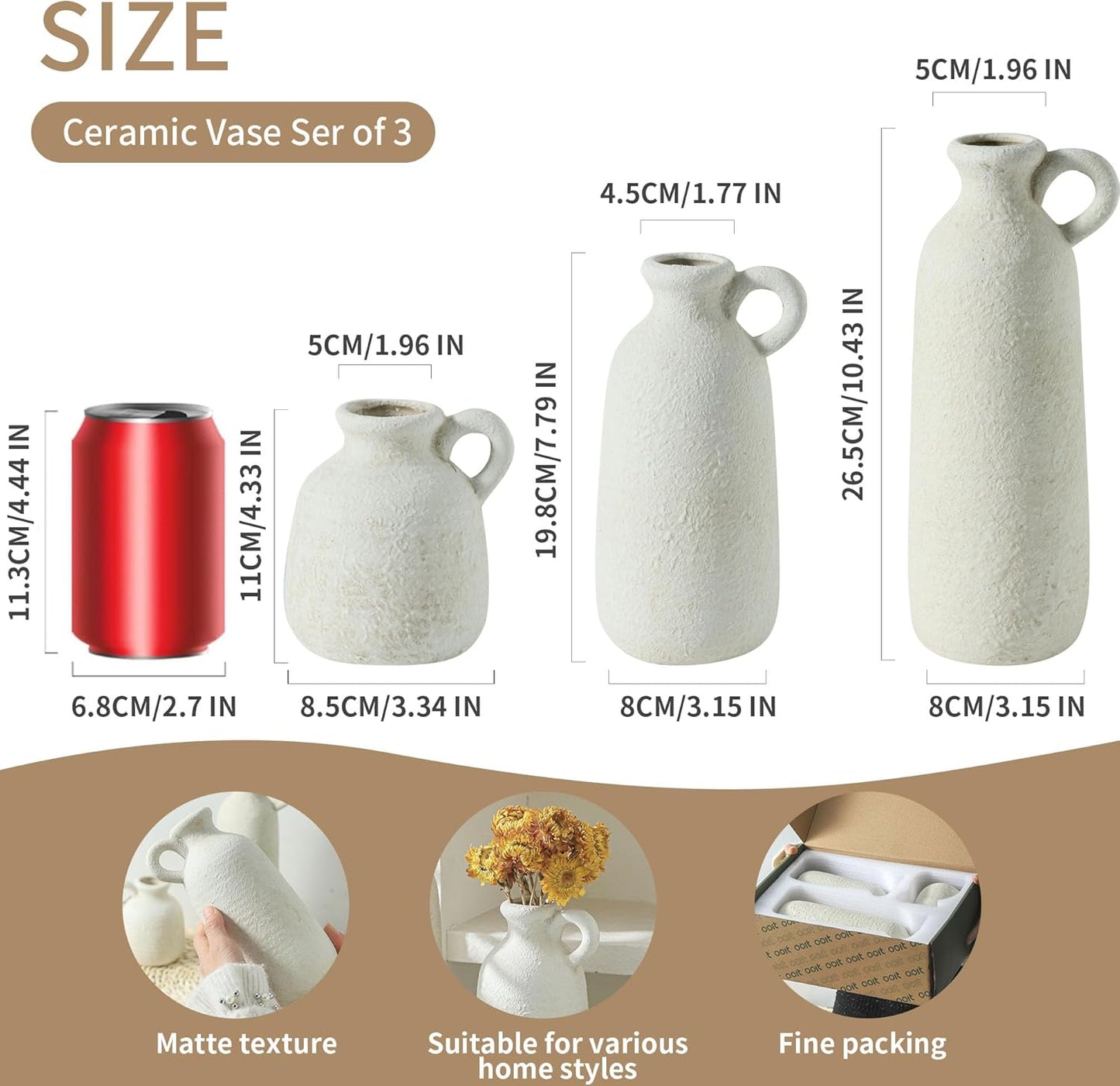 Ceramic Vase Set of 3 with Handle, Neutral Rustic Vases Home Decor Farmhouse Decorative Vase Whitewashed Pottery Decor Modern for Table Mantel Entryway Bookshelf Living Room Kitchen Bedroom - White