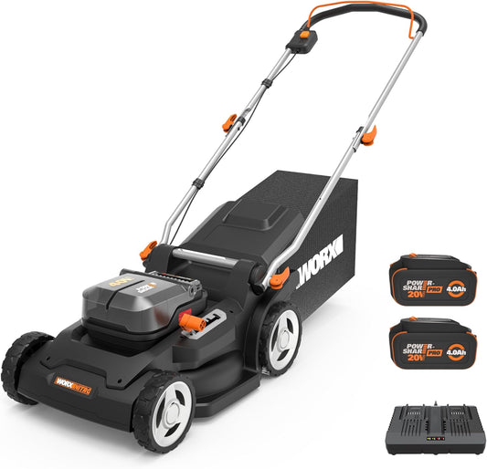 WORX 40V 17'' Cordless Lawn Mower for Medium Size Yards, 2-in-1 Electric Mower Cuts to Edge, Compact & Lightweight Push Lawn Mower with 6-Position Height Adjustment – 2 Batteries & Charger Included