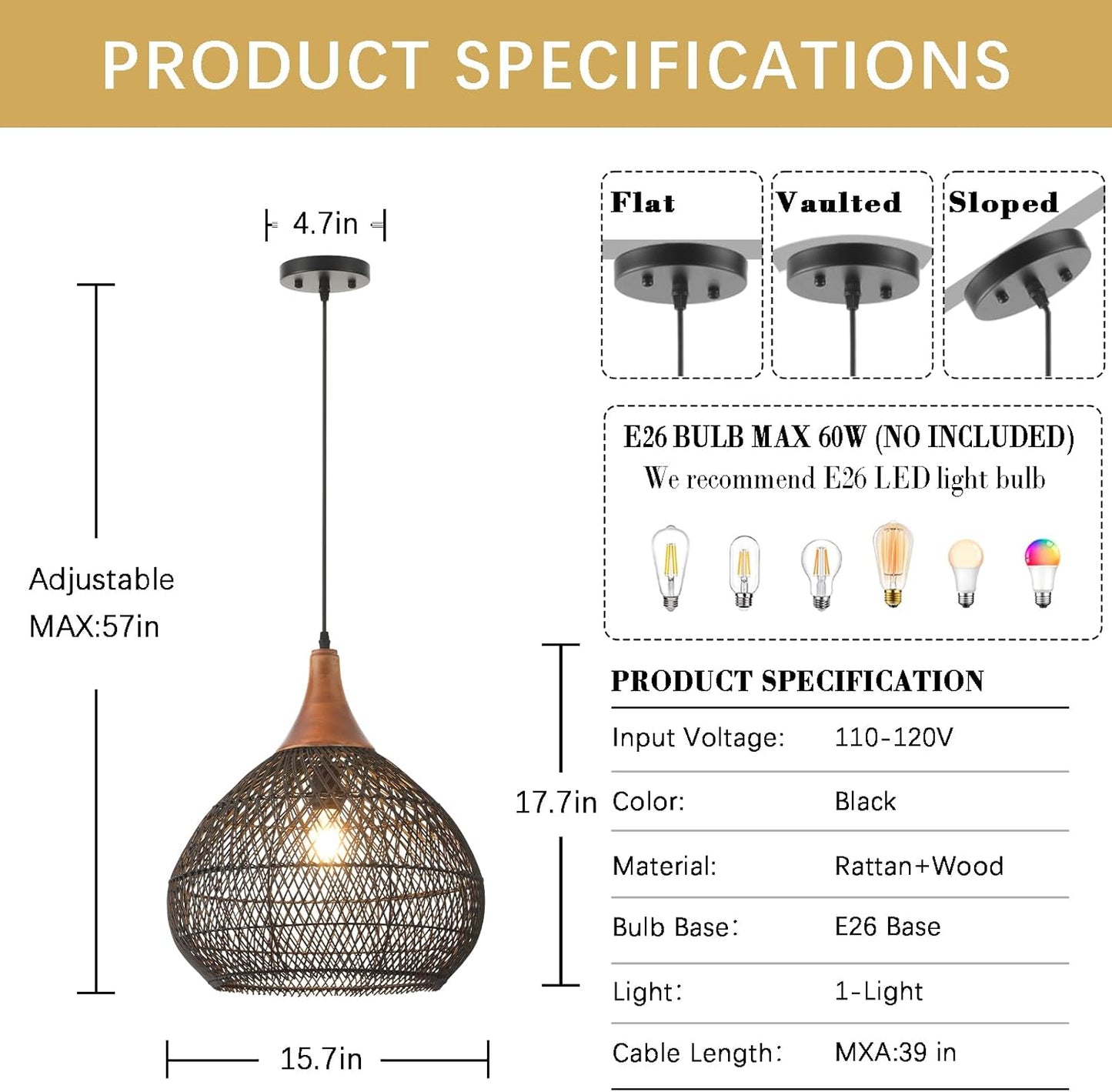 Black Rattan Pendant Light, 15.7" Rattan Chandelier Hand-Woven Wicker Pendant Light Fixtures with Solid Wood, Basket Hanging Lighting for Dining Room Kitchen Island Living Room