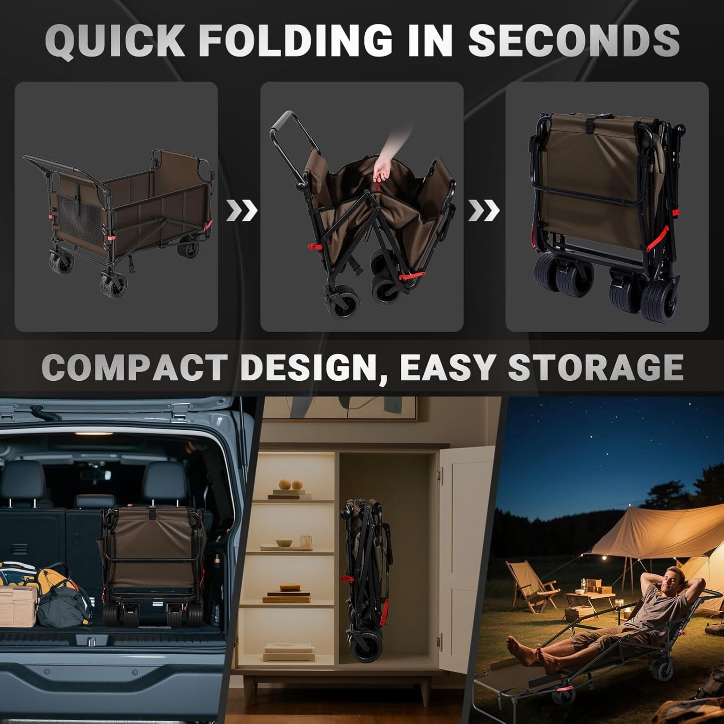 LEVELEVE Heavy Duty Folding Wagon - 2-in-1 Collapsible Cart, 650lb Capacity, All-Terrain Wheels w/Brakes & Side Pockets (Brown)