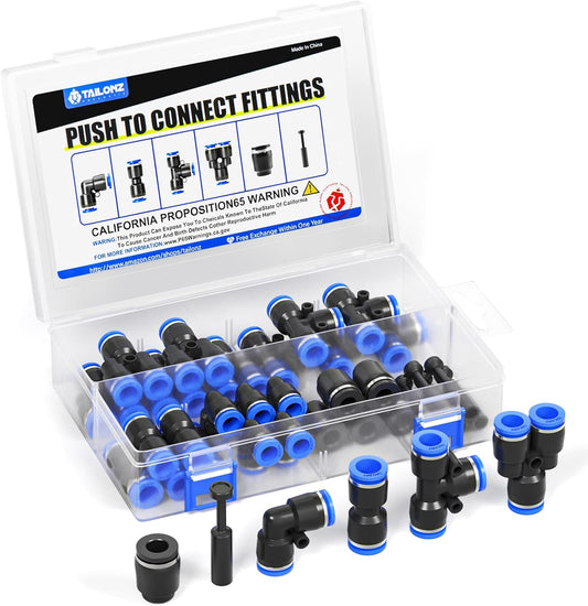 TAILONZ PNEUMATIC 1/4 Inch od Push to Connect Fittings Pneumatic Fittings Kit 10 Spliters+10 Elbows+10 tee+10 Straight+10 PPF+10 PP (60 pcs)