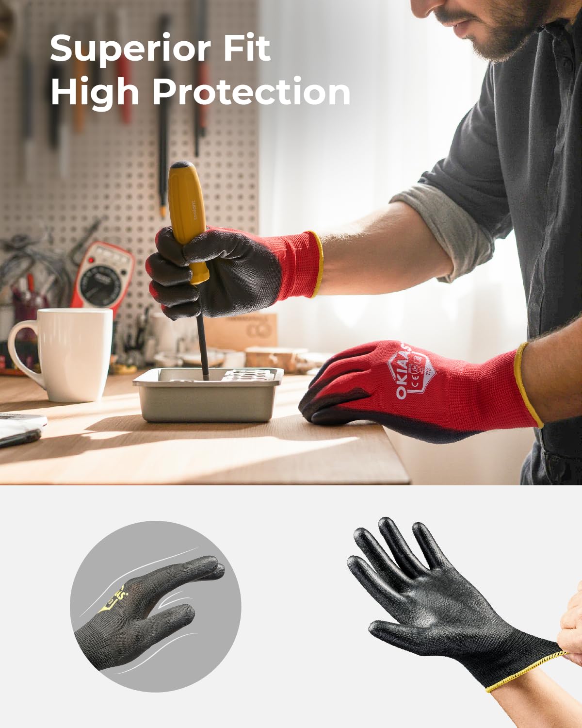 OKIAAS Work Gloves for Men,Ultra Thin and Lightweight Working Gloves with Grip,12 Pairs Bulk Pack Construction Gloves with Polyurethane Coating,Safety Gloves for Light Duty Work (Black, Large)