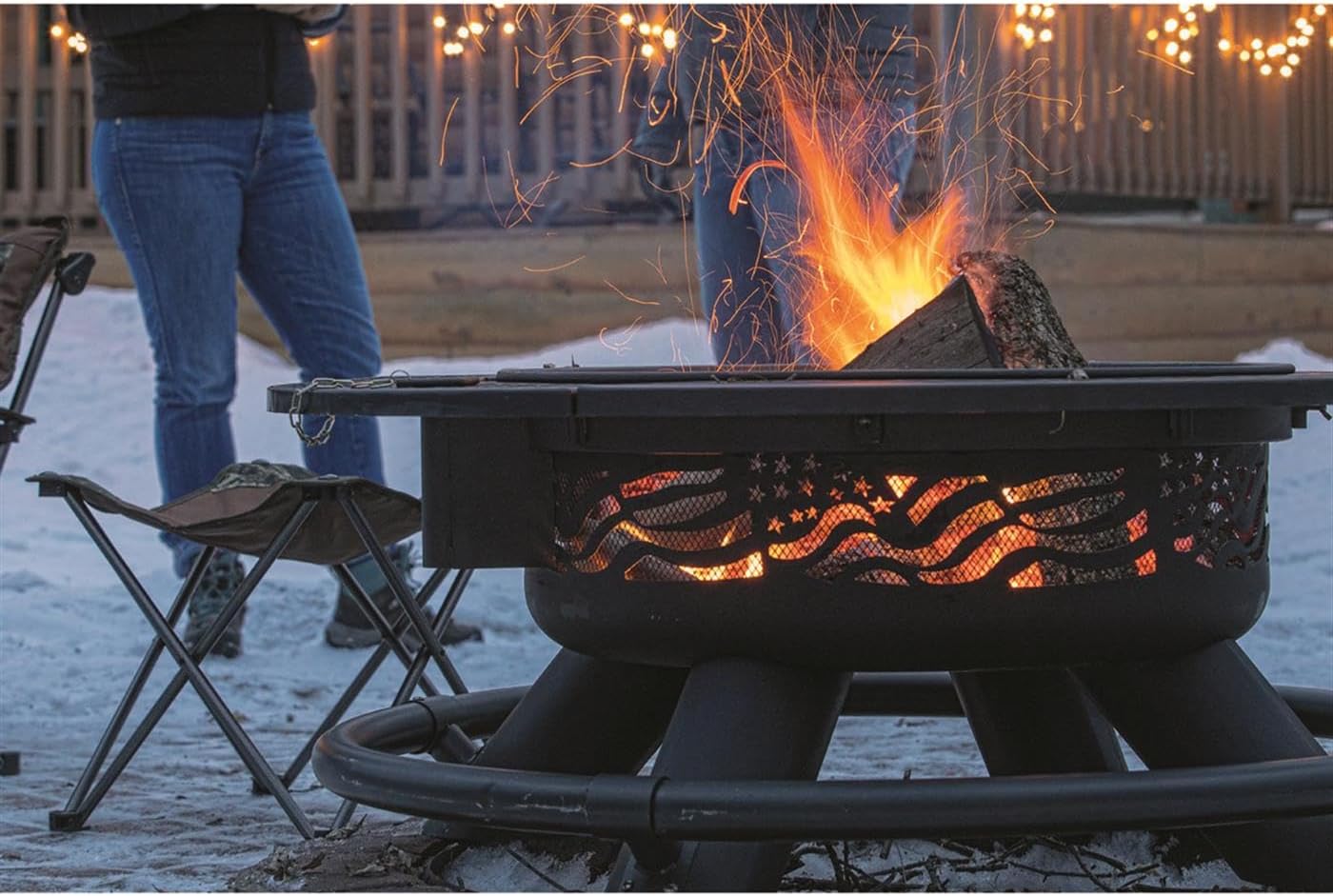 Castlecreek 47" Fire Pit BBQ Grill Outdoor Wood Burning Steel Log Firepit for Camping, Grilling, Smores, Yard, Cooking Outside, Barbecue, Bonfire Flag