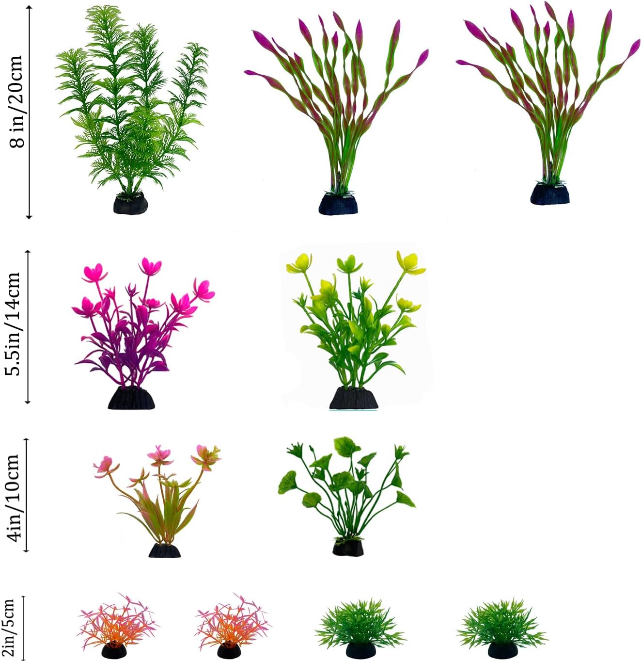 11 Pieces Colorful Artificial Fish Tank Decorations, Aquarium Decorations Fish Tank Purple and Green Artificial Plastic Plants, Small to Large (4-8Inch)